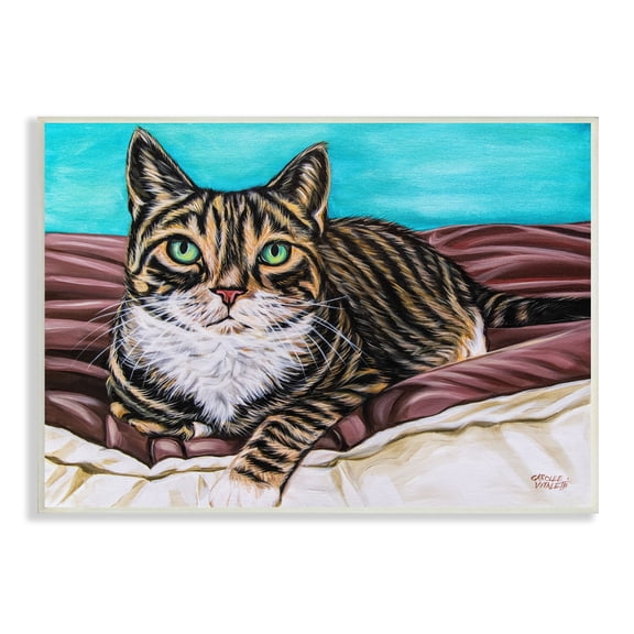 Stupell Industries Adorable Tabby Cat Green Eyes Cuddling Blanket Painting Unframed Art Print Wall Art, 15x10, by Carolee Vitaletti