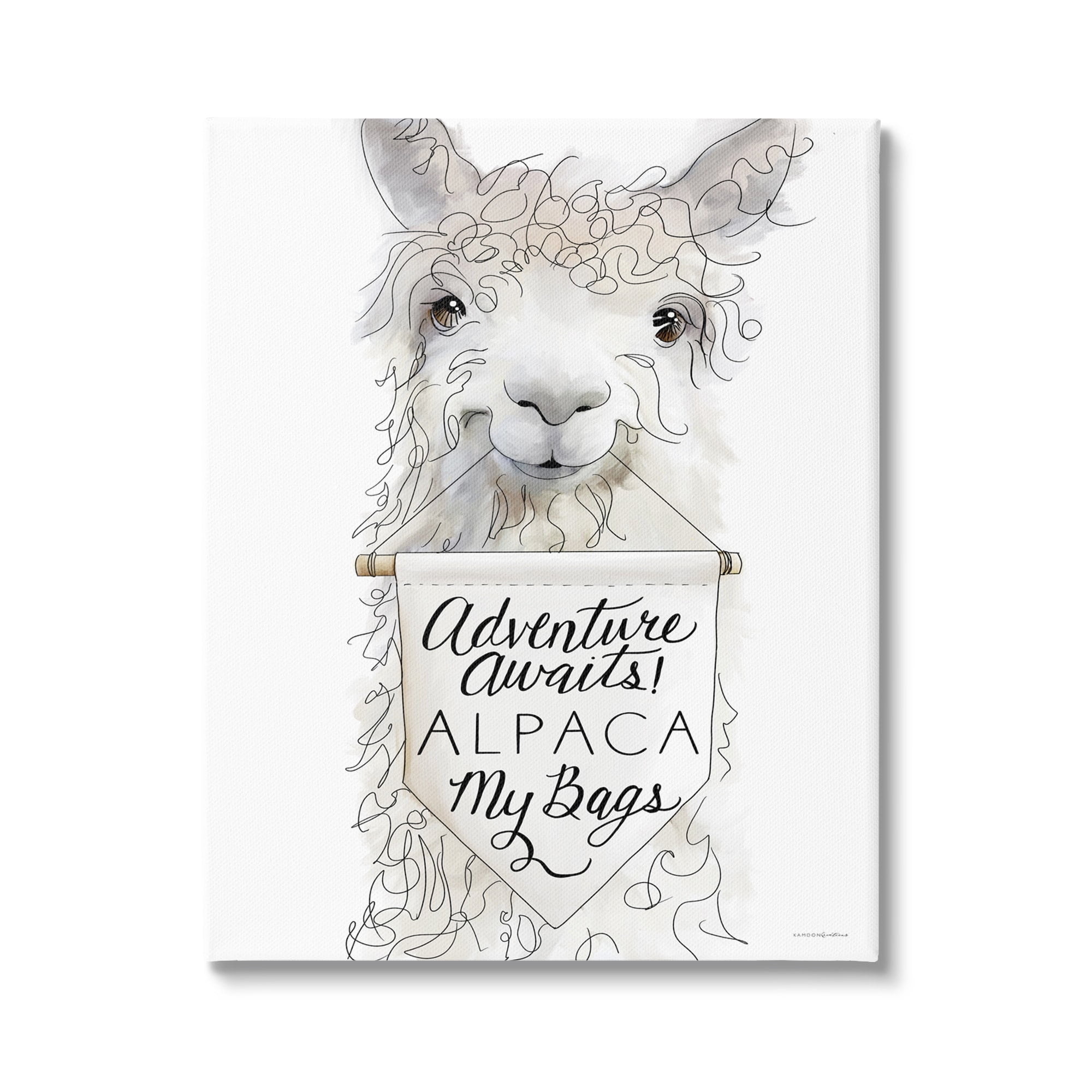 Stupell Industries Adventure Awaits Alpaca Phrase Sign Motivational Animal Canvas Wall Art, 30 x 40, Design by Kamdon Kreations