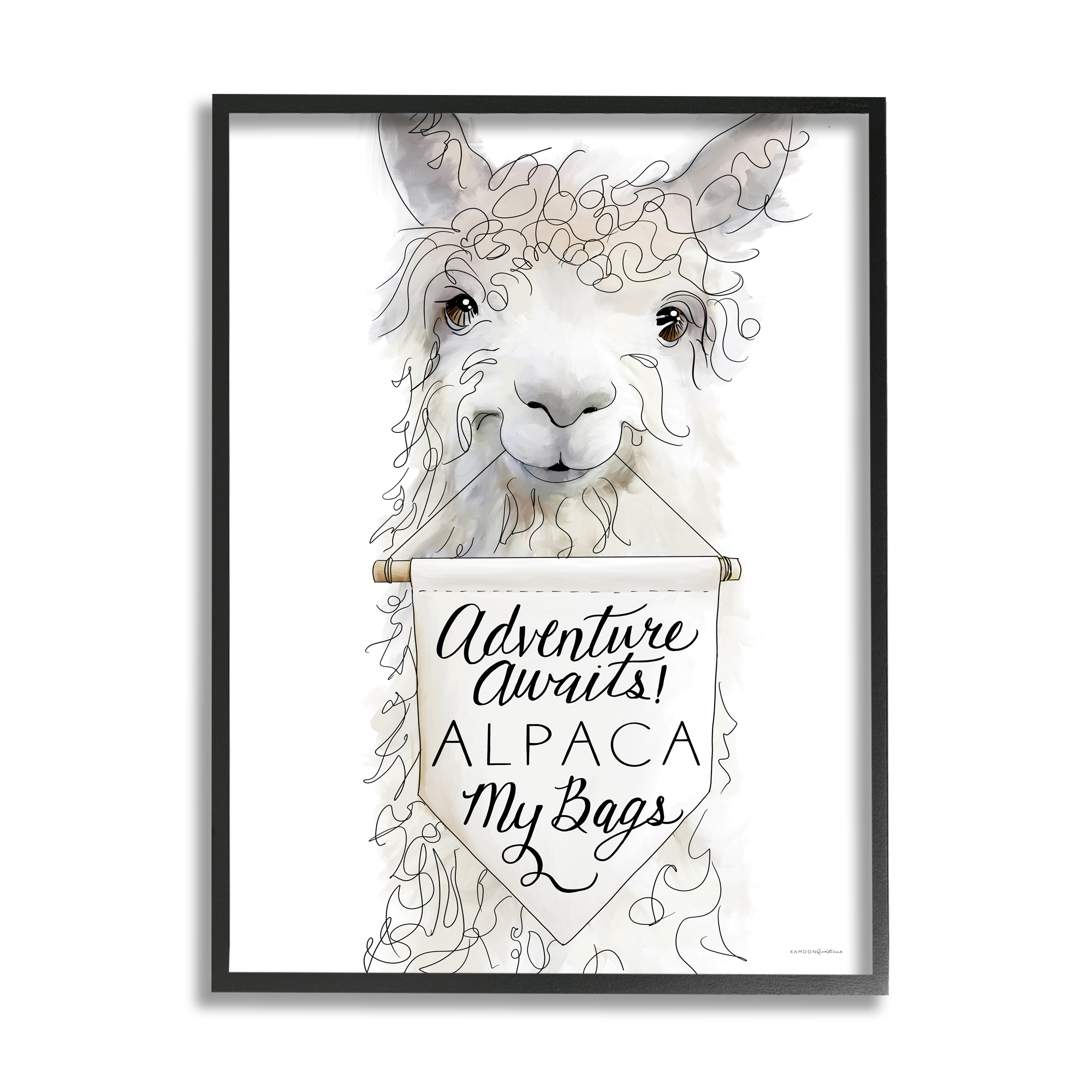 Stupell Industries Adventure Awaits Alpaca Phrase Sign Motivational Animal Framed Wall Art, 24 x 30, Design by Kamdon Kreations
