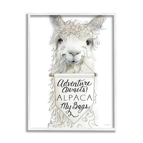 Stupell Industries Adventure Awaits Alpaca Phrase Sign Motivational Animal Framed Wall Art, 24 x 30, Design by Kamdon Kreations