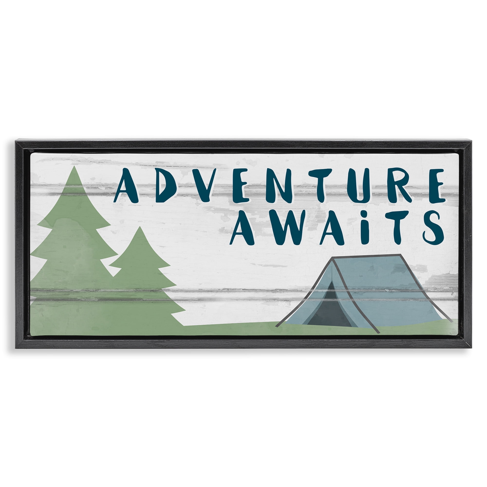 Stupell Industries Adventure Awaits Camping Scene Art for Kids Painting Black Floater Framed Canvas Art Print Wall Art, 31 x 14