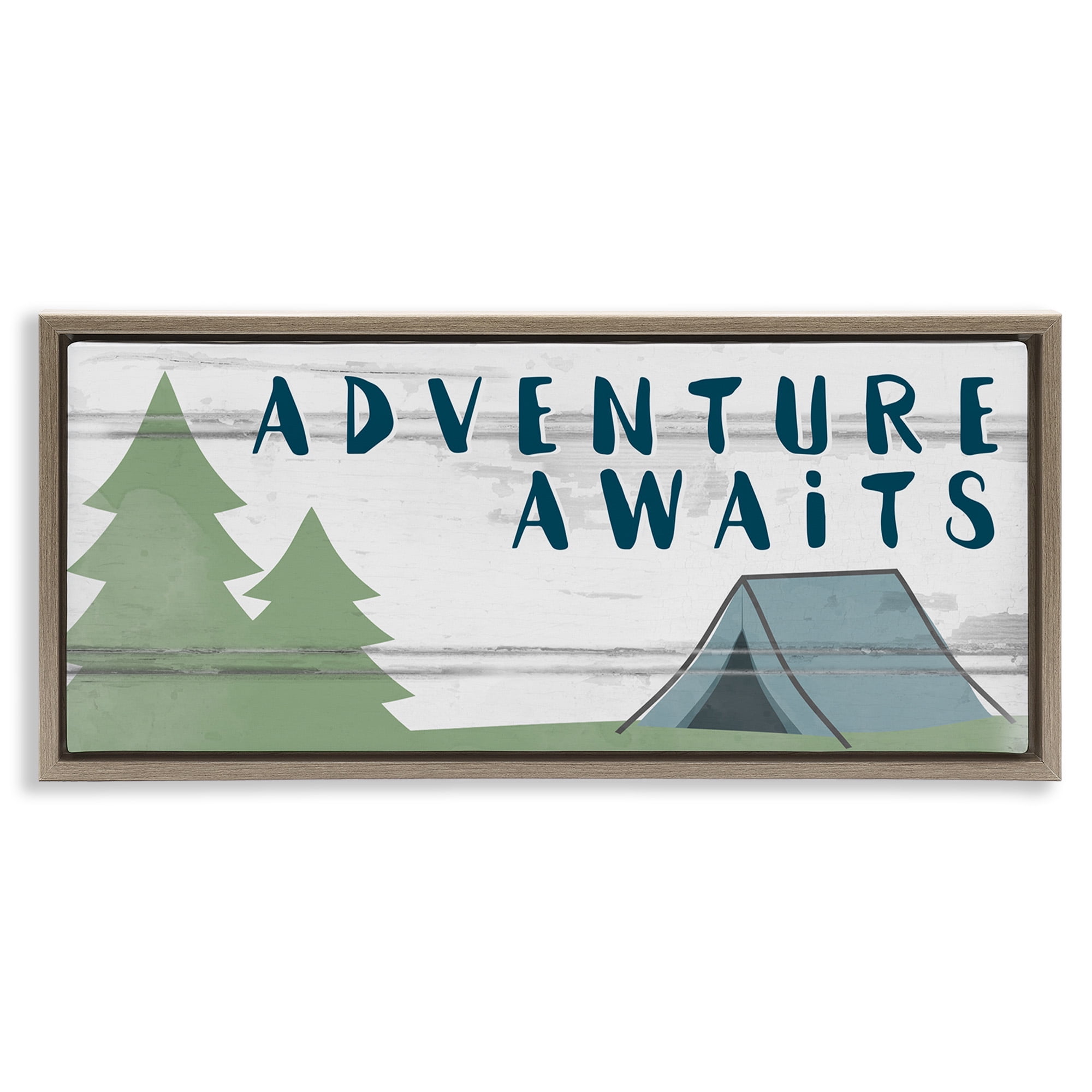 Stupell Industries Adventure Awaits Camping Scene Art for Kids Painting Brown Floater Framed Canvas Art Print Wall Art, 25 x 11