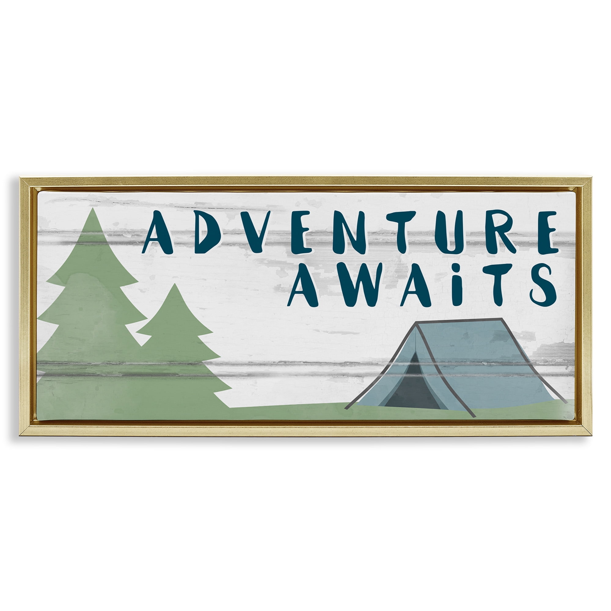 Stupell Industries Adventure Awaits Camping Scene Art for Kids Painting Gold Floater Framed Canvas Art Print Wall Art, 31 x 14