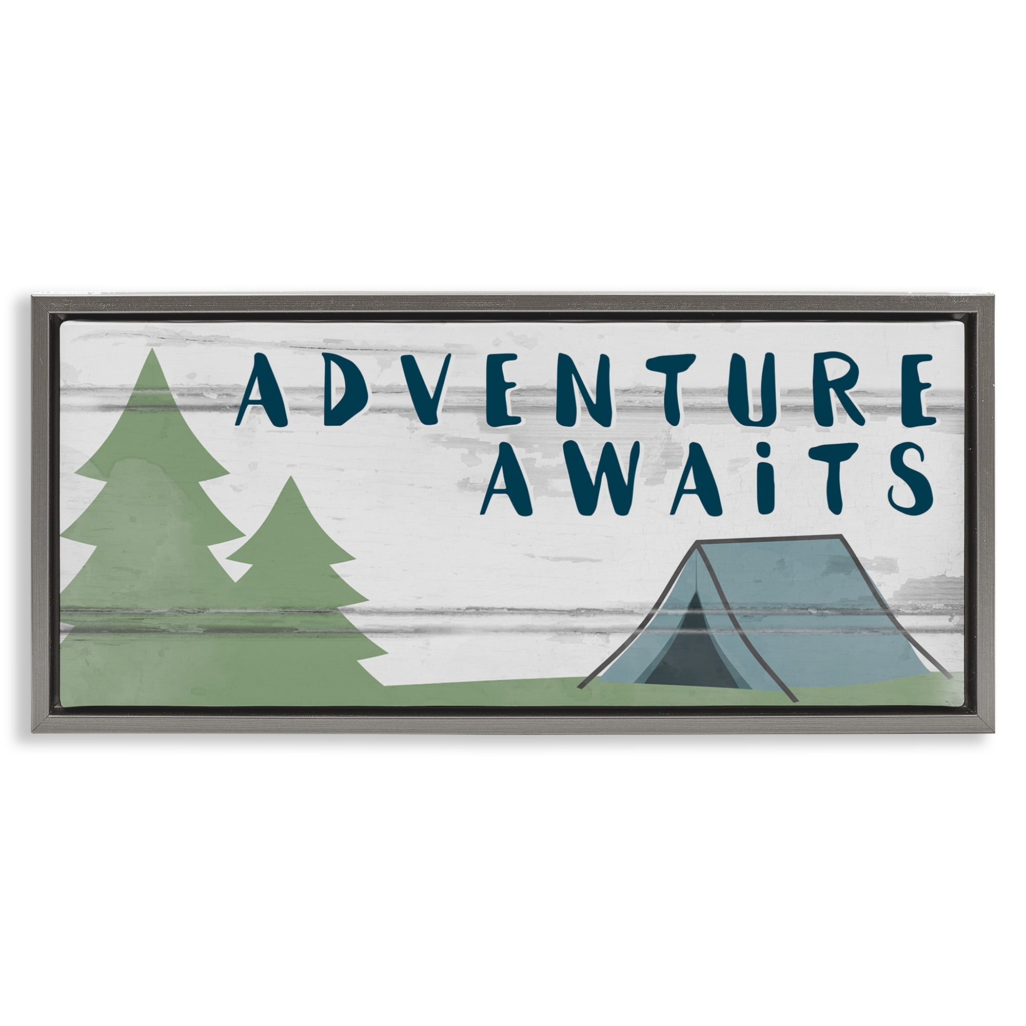 Stupell Industries Adventure Awaits Camping Scene Art for Kids Painting Gray Floater Framed Canvas Art Print Wall Art, 25 x 11