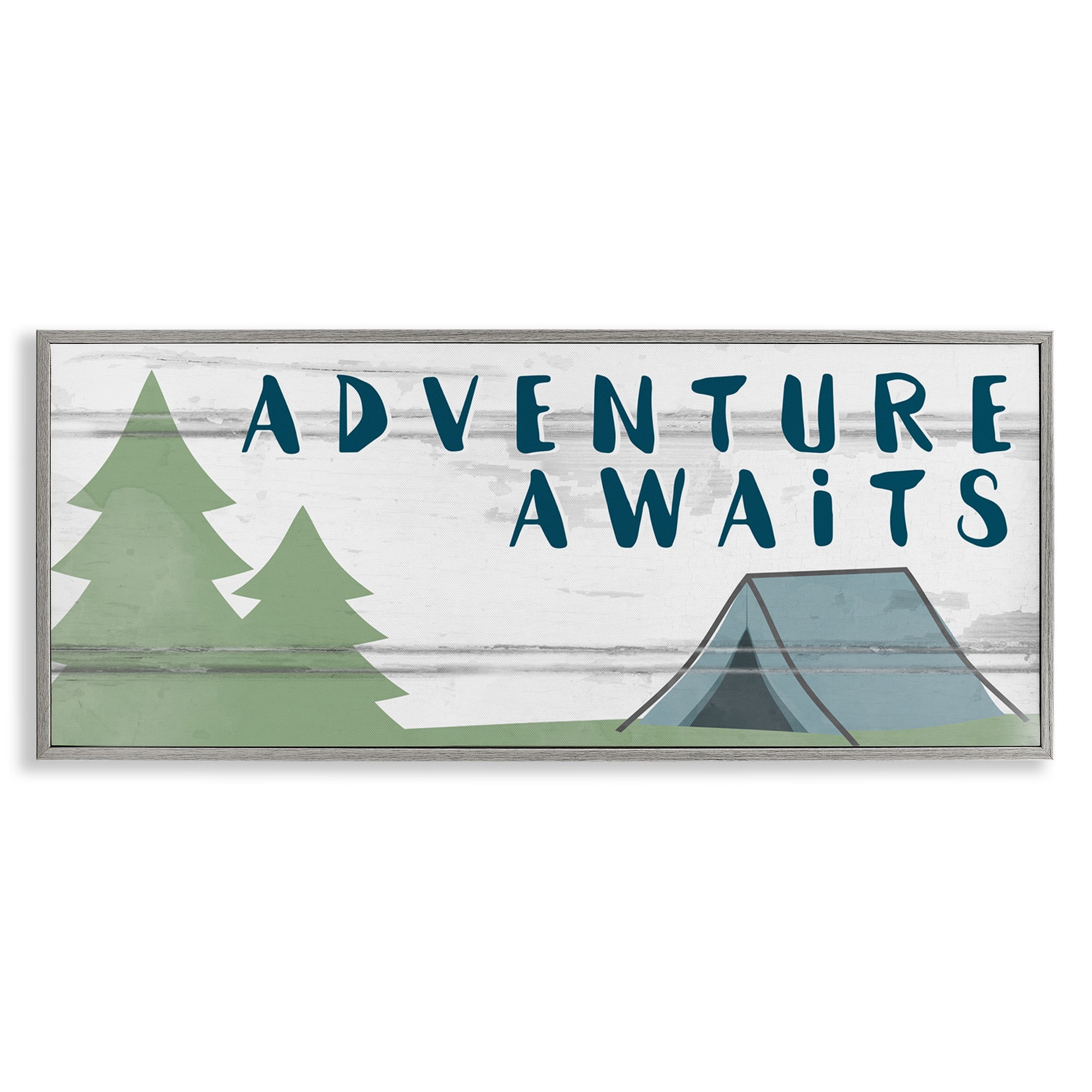 Stupell Industries Adventure Awaits Camping Scene Art for Kids Painting Gray Framed Art Print Wall Art, 24 x 10