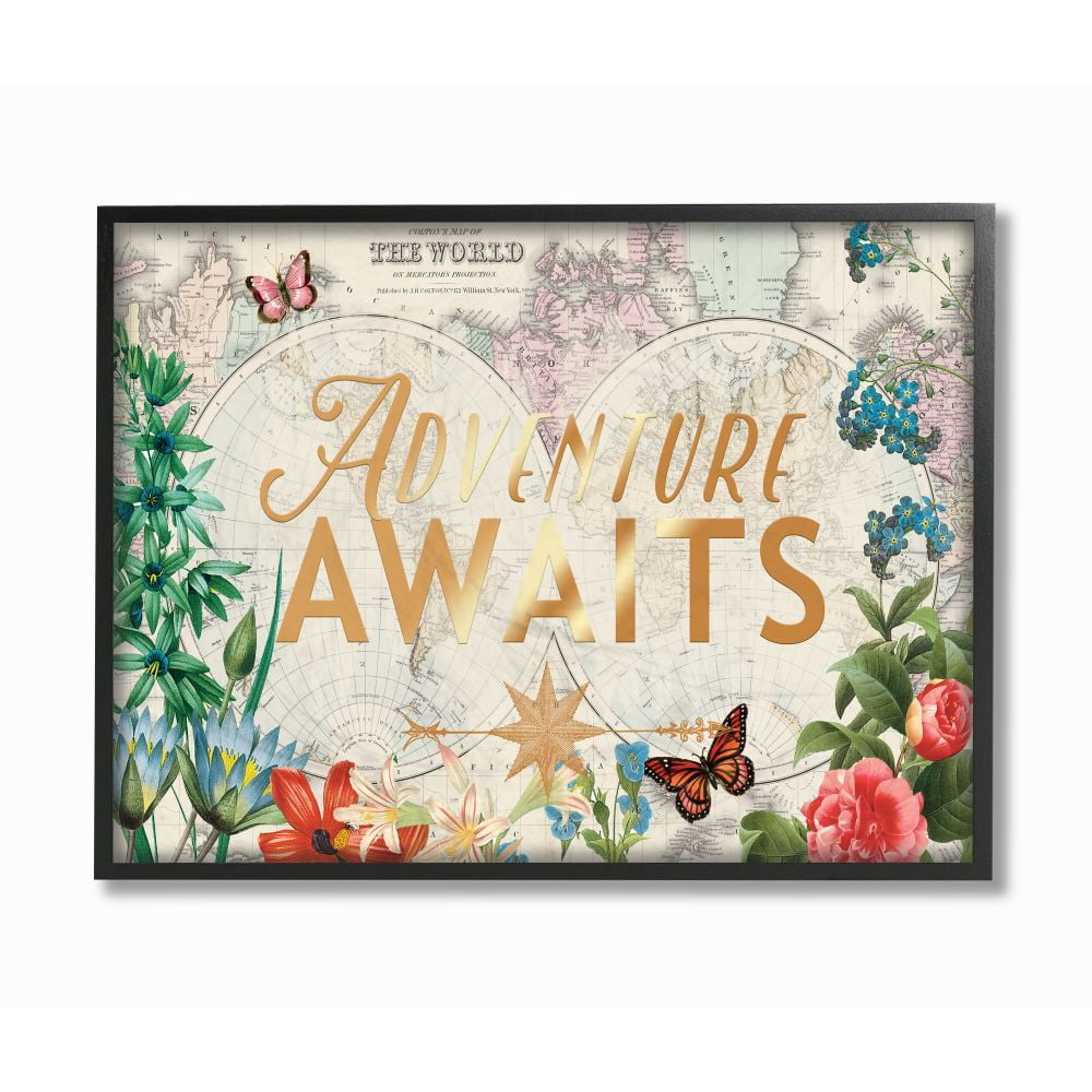 Stupell Industries Adventure Awaits Globe Map Flower Word Design Graphic Art Black Framed Art Print Wall Art, 16x20, by Ophelia and Company