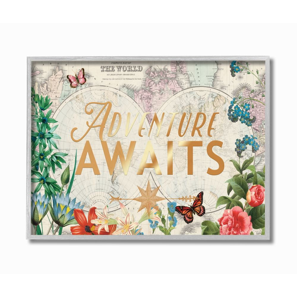 Stupell Industries Adventure Awaits Globe Map Flower Word Design Graphic Art Gray Framed Art Print Wall Art, 11x14, by Ophelia and Company