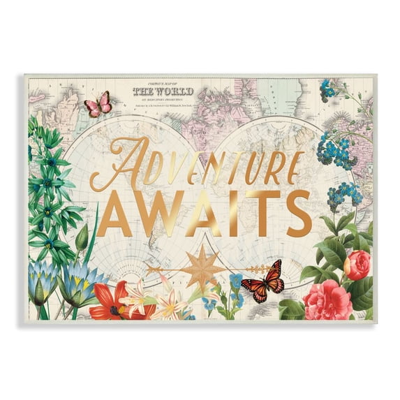 Stupell Industries Adventure Awaits Globe Map Flower Word Design Wall Plaque by Ophelia and Company