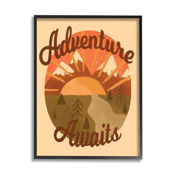 Stupell Industries Adventure Awaits Mountain Sunrise Scenery Calligraphy Phrase Framed Wall Art, 11 x 14, Design by EmmaKisstina