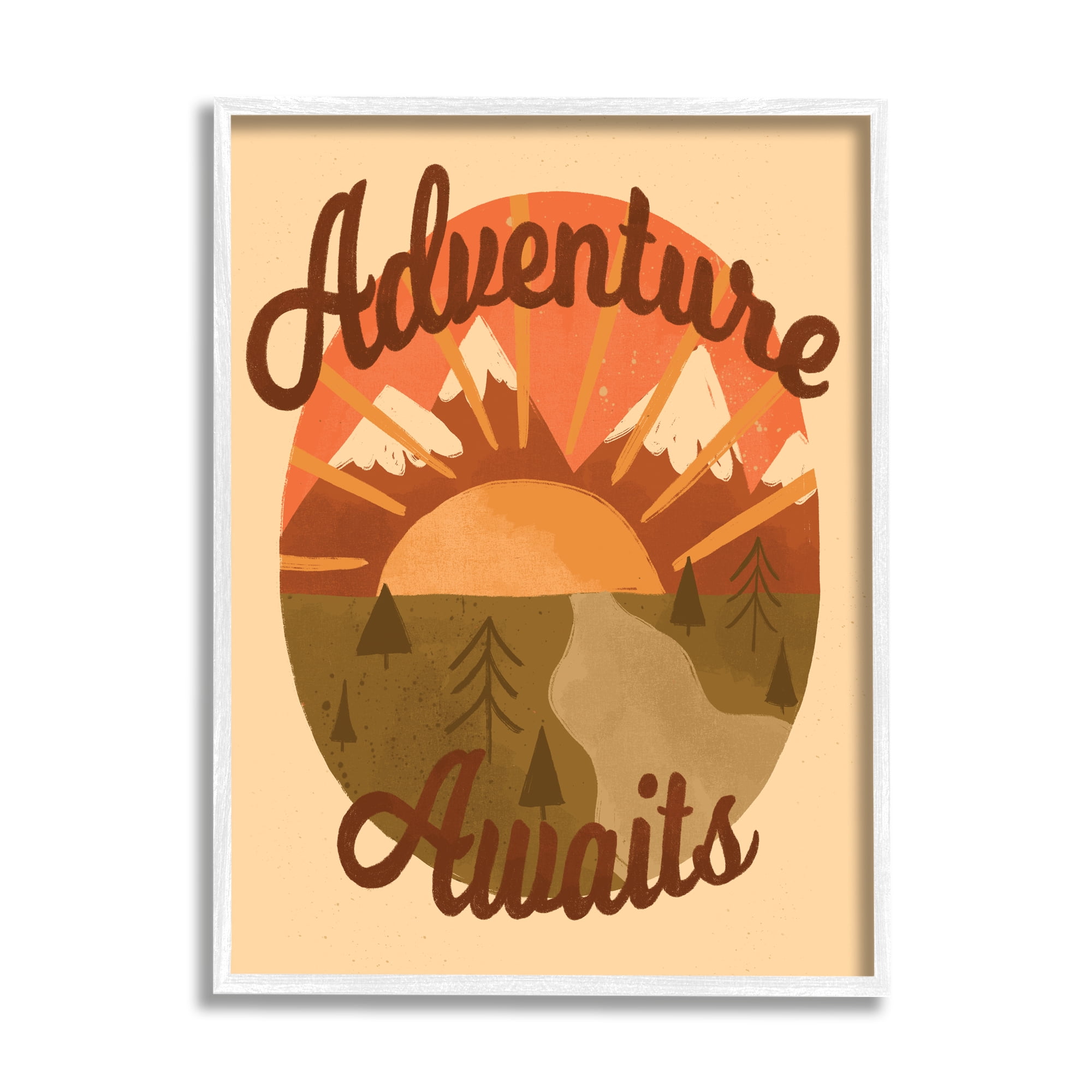 Stupell Industries Adventure Awaits Mountain Sunrise Scenery Calligraphy Phrase Framed Wall Art, 11 x 14, Design by EmmaKisstina
