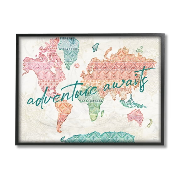 Stupell Industries Adventure Awaits Phrase Macrame Pattern World Map Black Framed, 11 x 14, Design by Dina June