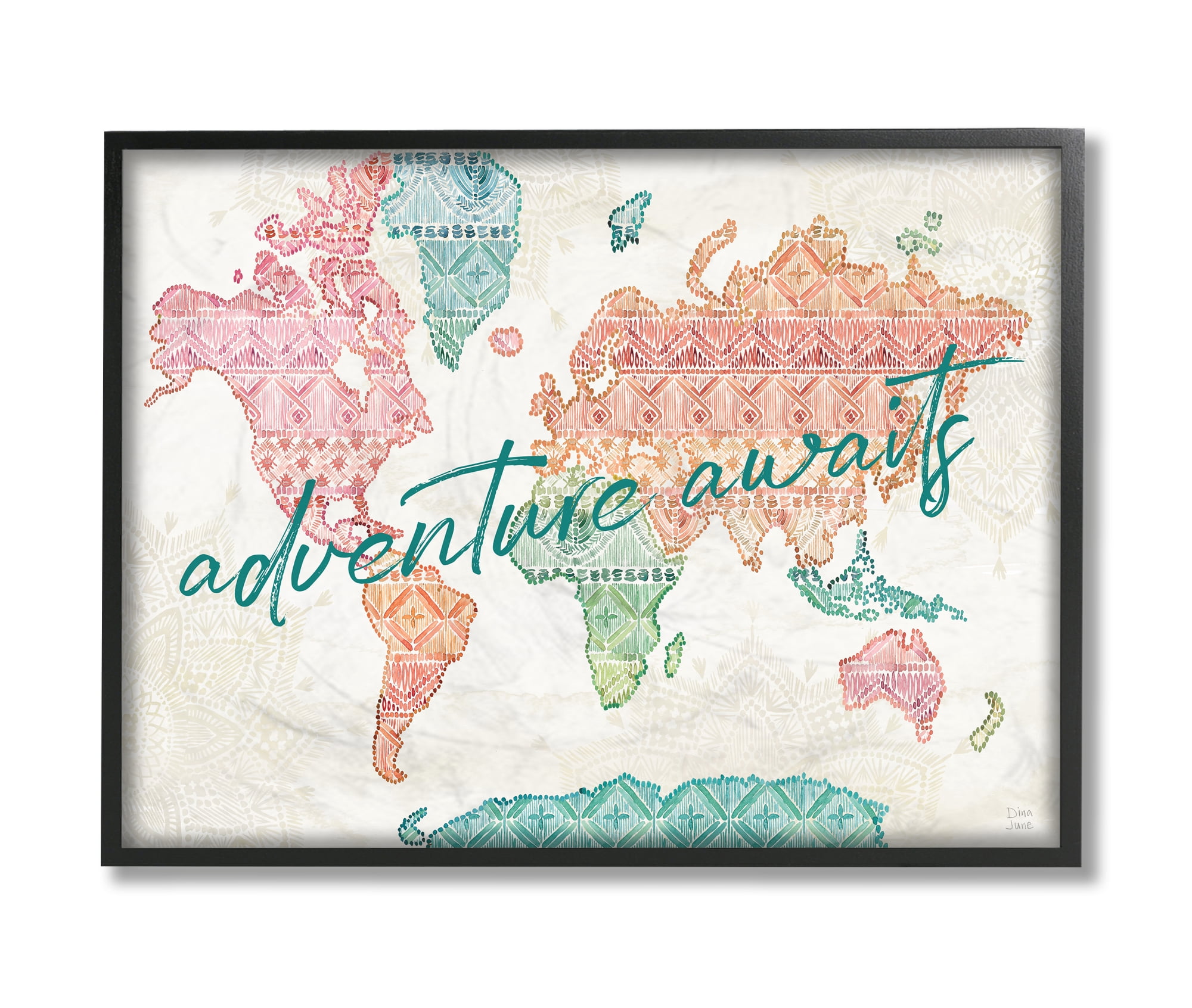 Stupell Industries Adventure Awaits Phrase Macrame Pattern World Map Black Framed, 16 x 20, Design by Dina June