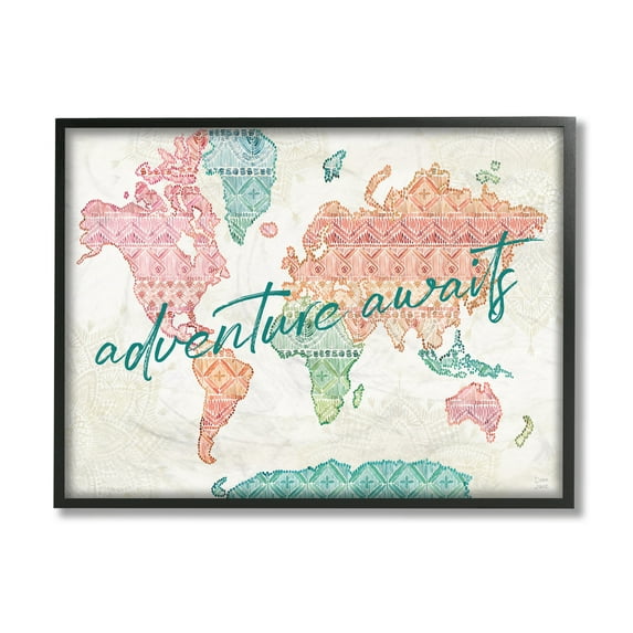 Stupell Industries Adventure Awaits Phrase Macrame Pattern World Map Black Framed, 16 x 20, Design by Dina June