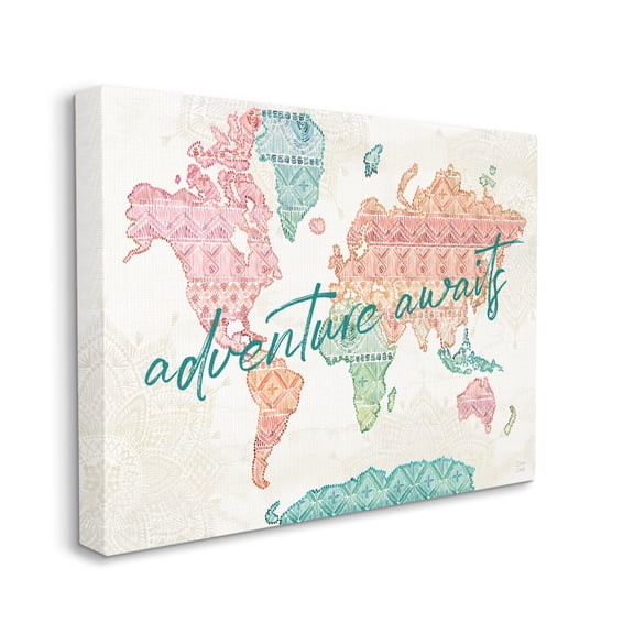 Stupell Industries Adventure Awaits Phrase Macrame Pattern World Map Canvas Wall Art, 16 x 20, Design by Dina June