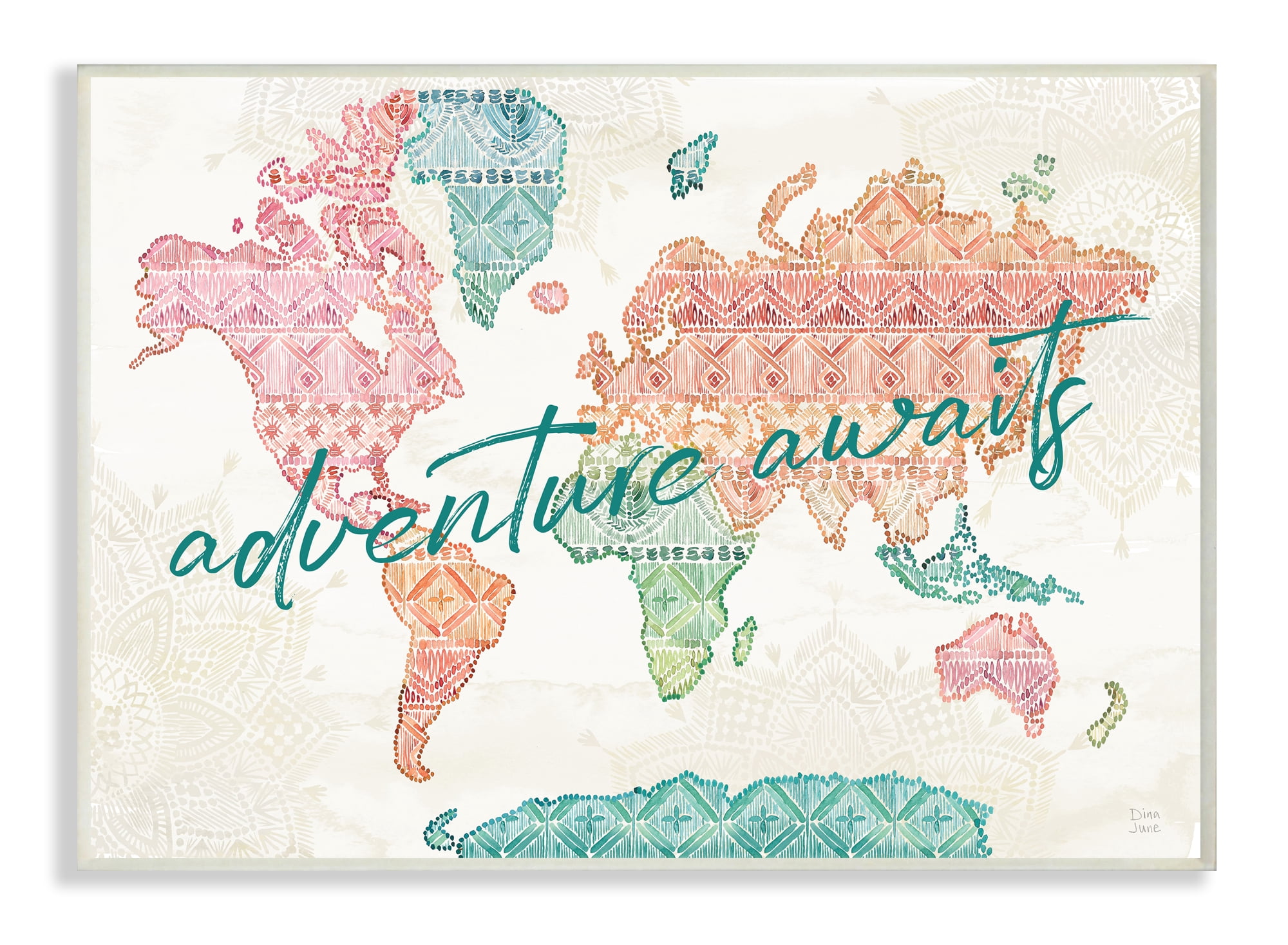 Stupell Industries Adventure Awaits Phrase Macrame Pattern World Map Wall Plaque, 13 x 19, Design by Dina June