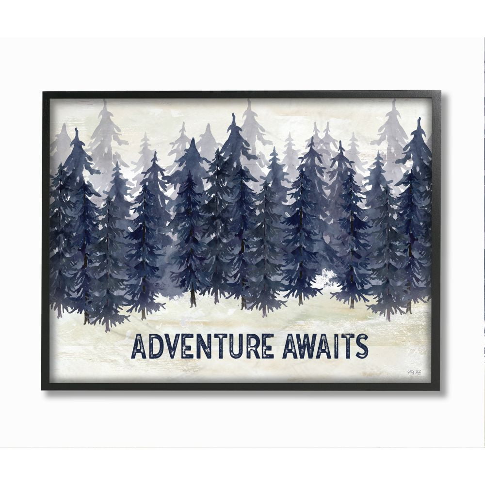 Stupell Industries Adventure Awaits Quote Blue Pine Tree Forest Scene Framed Wall Art Design by Cindy Jacobs, 11" x 14", Black Framed