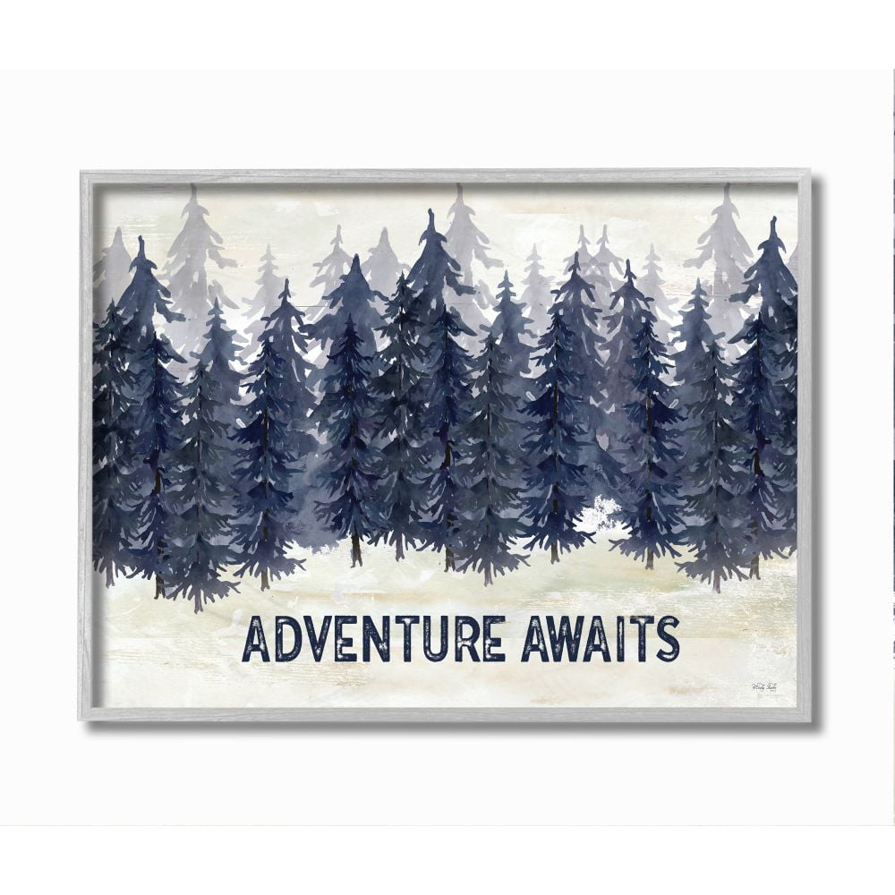 Stupell Industries Adventure Awaits Quote Blue Pine Tree Forest Scene Framed Wall Art Design by Cindy Jacobs, 11" x 14", Gray Framed