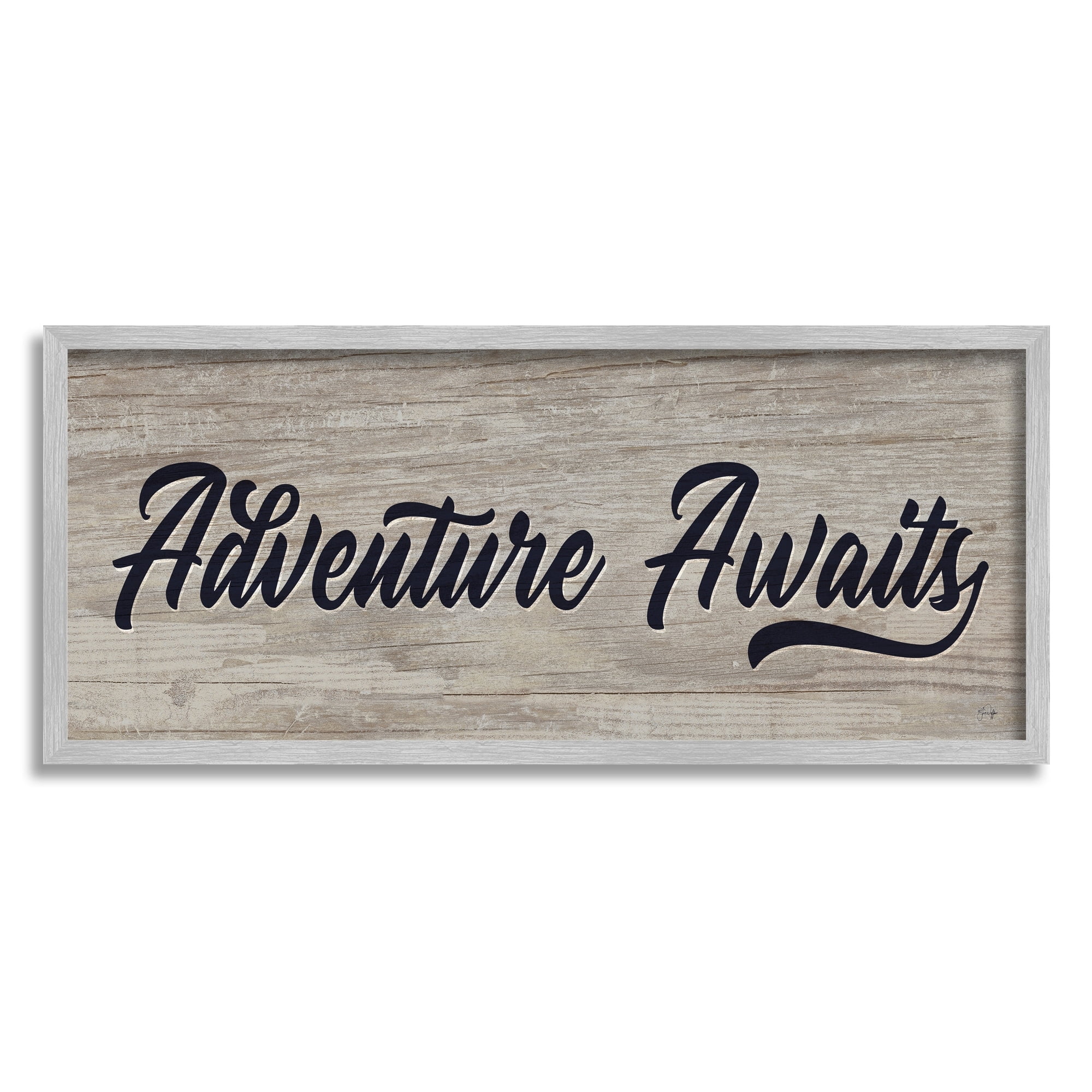 Stupell Industries Adventure Awaits Rustic Vintage Typography Grain Pattern Graphic Art Gray Framed Art Print Wall Art, Design by Yass Naffas Designs