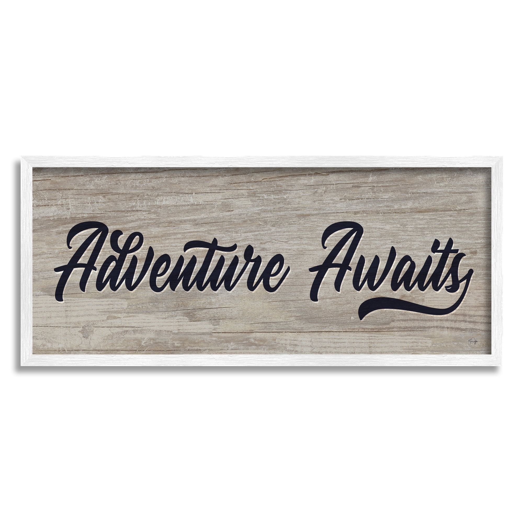 Stupell Industries Adventure Awaits Rustic Vintage Typography Grain Pattern Graphic Art White Framed Art Print Wall Art, Design by Yass Naffas Designs