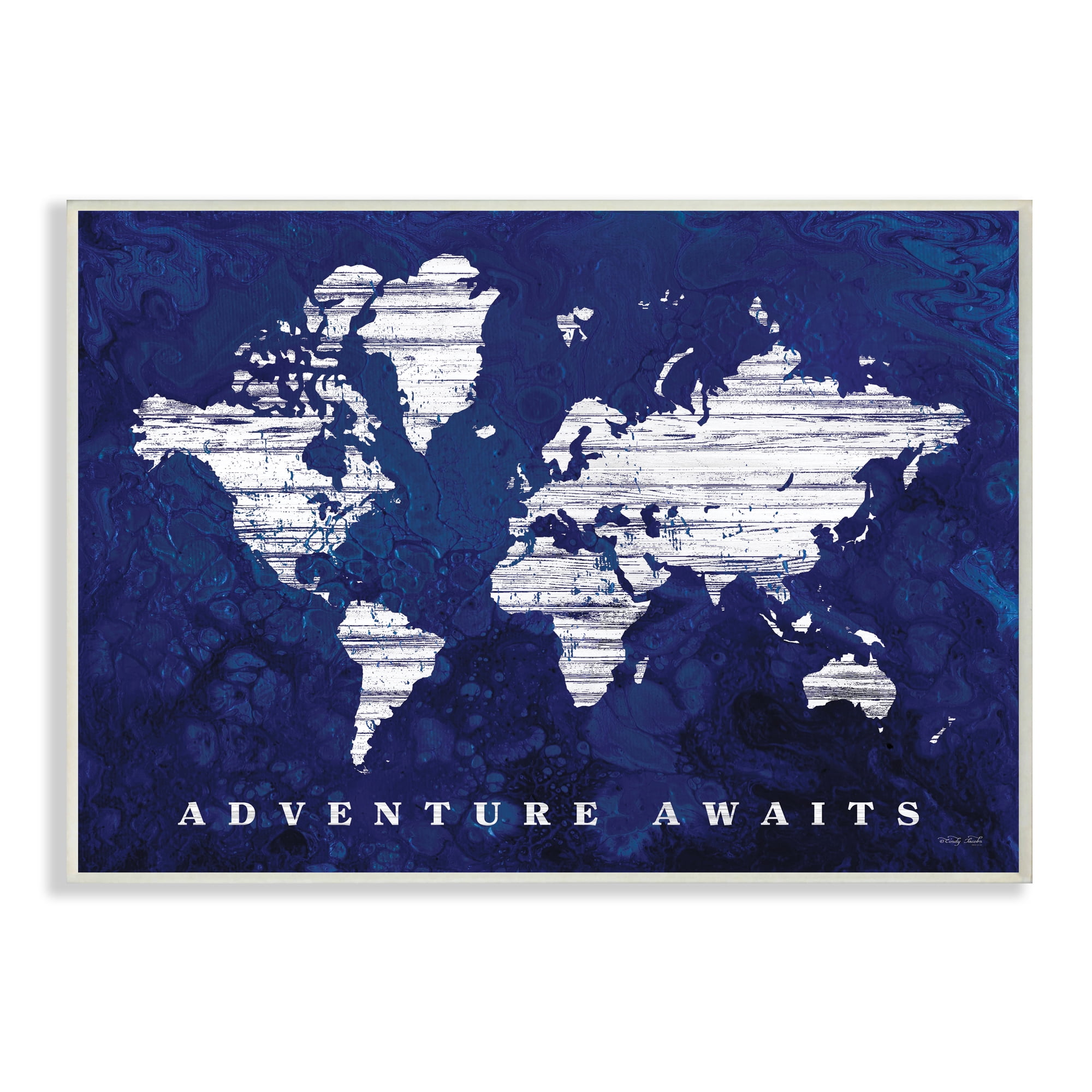Stupell Industries Adventure Awaits Sentiments Navy Blue World Map,13 x 19,Designed by Cindy Jacobs