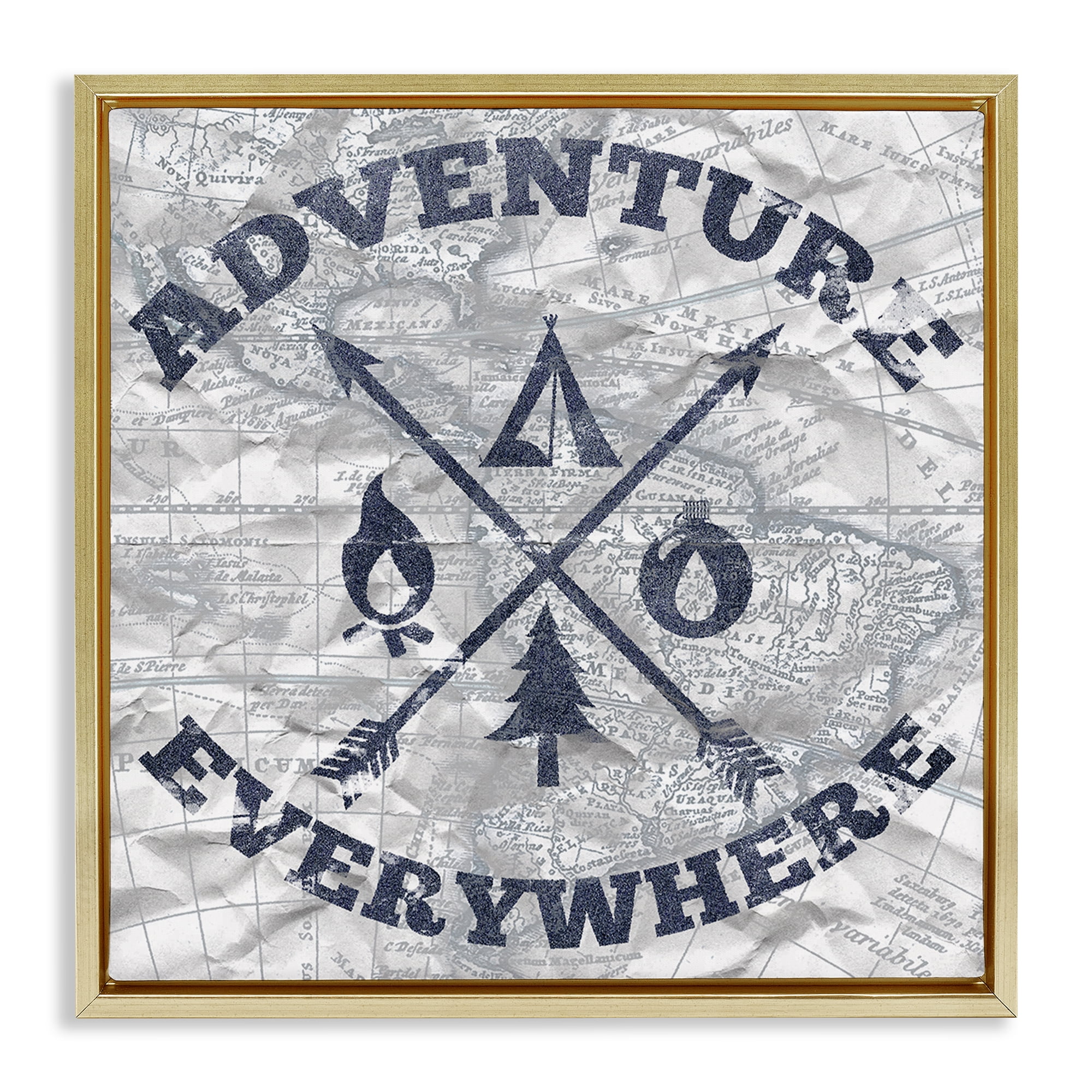 Stupell Industries Adventure Everywhere Phrase Text & Numbers Painting Gold Floater Framed Canvas Art Print Wall Art, 25 x 25