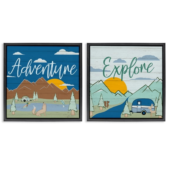 Stupell Industries Adventure Explore Camping Landscape & Nature Painting Black Floater Framed Canvas Art Print Wall Art, 18 x 18, Set of 2