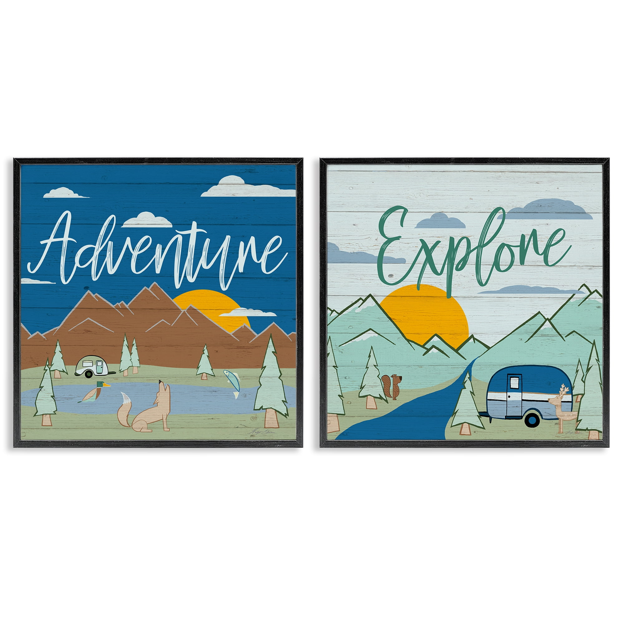 Stupell Industries Adventure Explore Camping Landscape & Nature Painting Black Framed Art Print Wall Art, 12 x 12, Set of 2