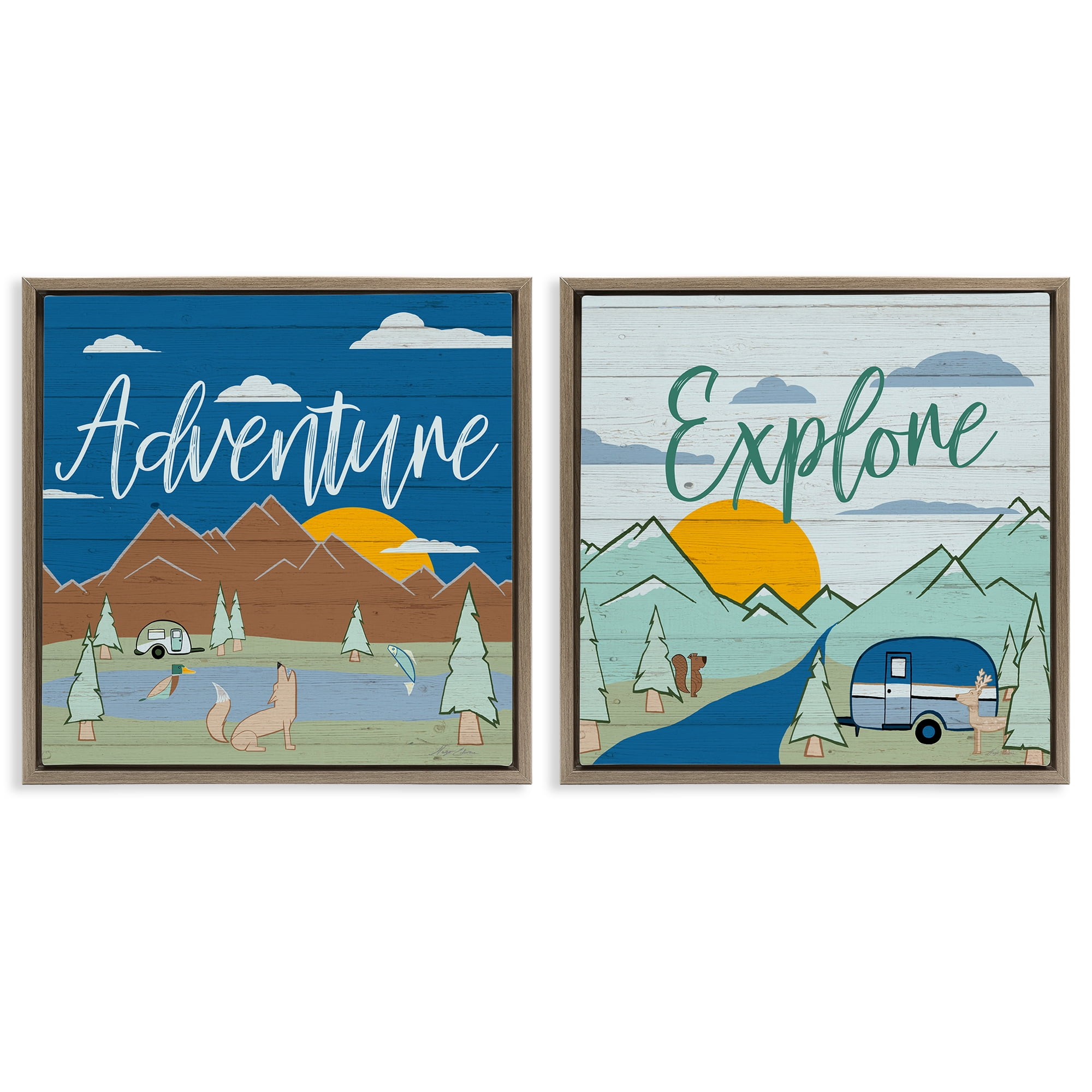 Stupell Industries Adventure Explore Camping Landscape & Nature Painting Brown Floater Framed Canvas Art Print Wall Art, 25 x 25, Set of 2