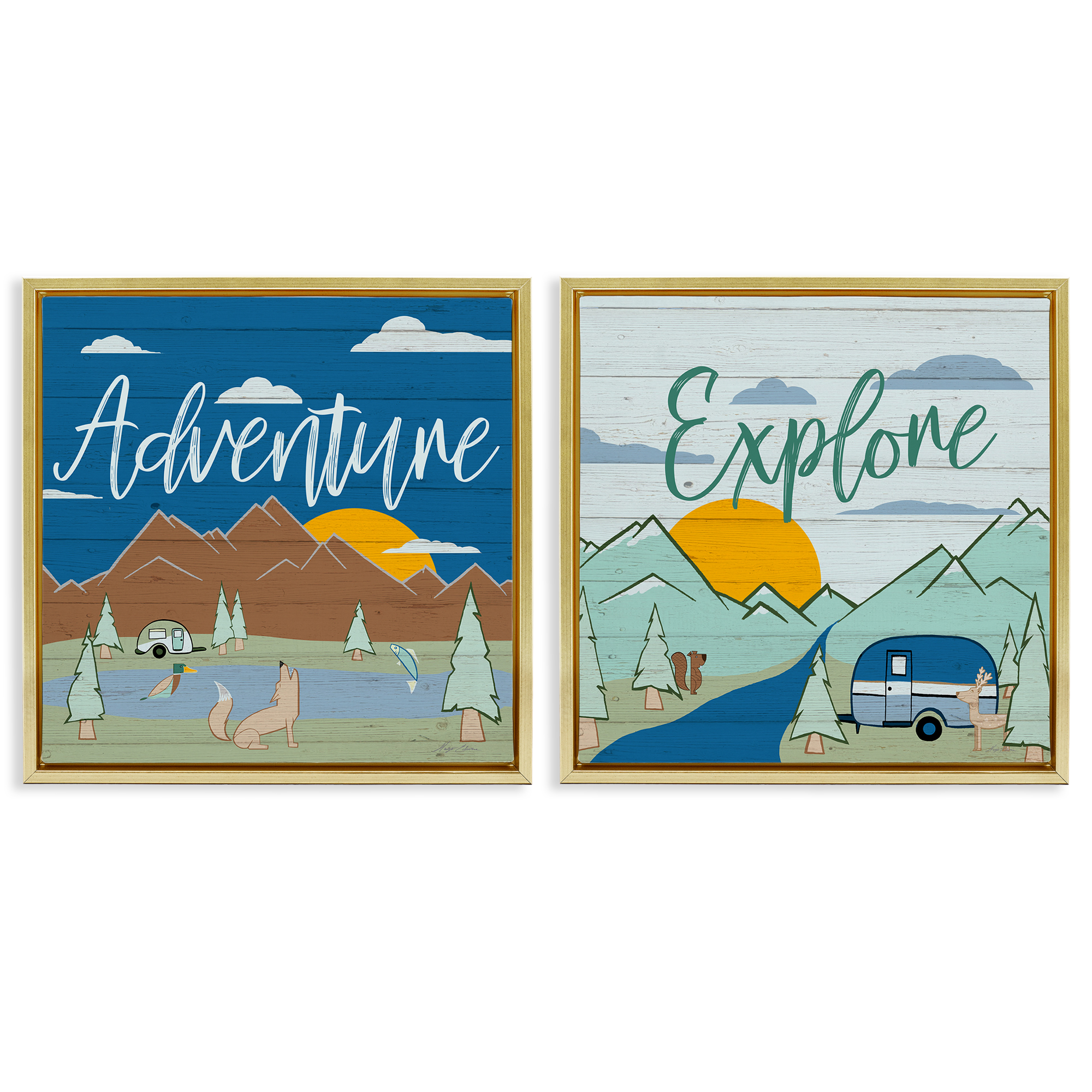 Stupell Industries Adventure Explore Camping Landscape & Nature Painting Gold Floater Framed Canvas Art Print Wall Art, 25 x 25, Set of 2