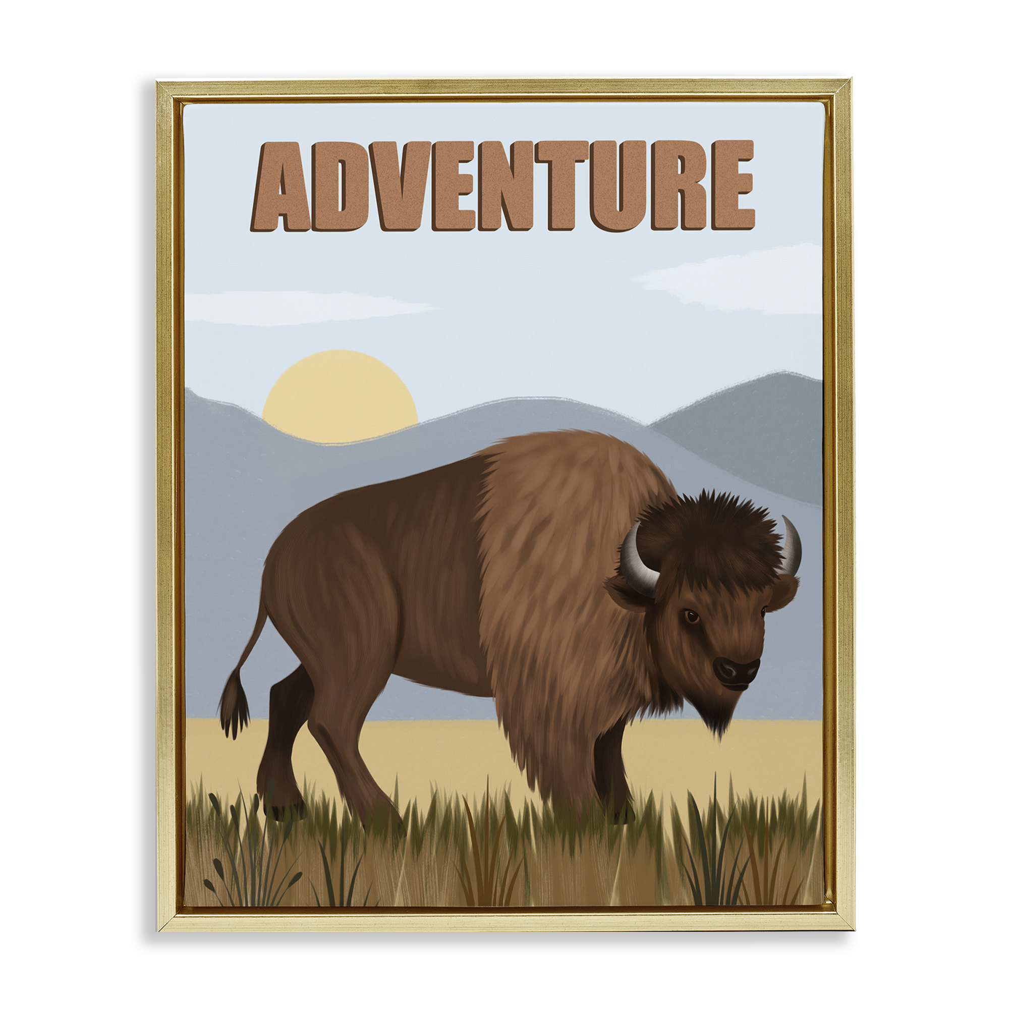 Stupell Industries Adventure Nature & Bison Animals Painting Gold Floater Framed Canvas Art Print Wall Art, 25 x 31