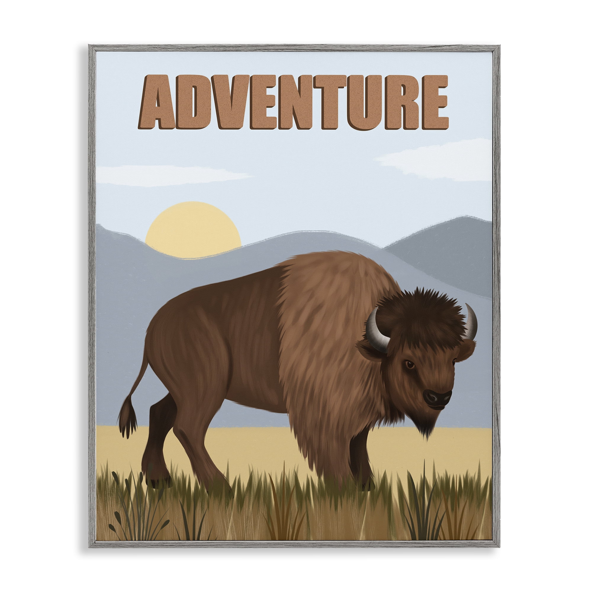 Stupell Industries Adventure Nature & Bison Animals Painting Gray Framed Art Print Wall Art, 11 x 14