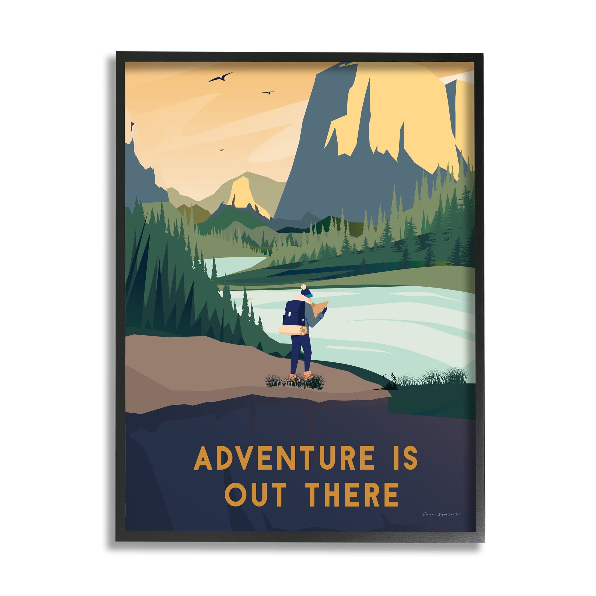 Adventure Quote Mountain Canyon Hiking Illustration Black Framed Wall Art
