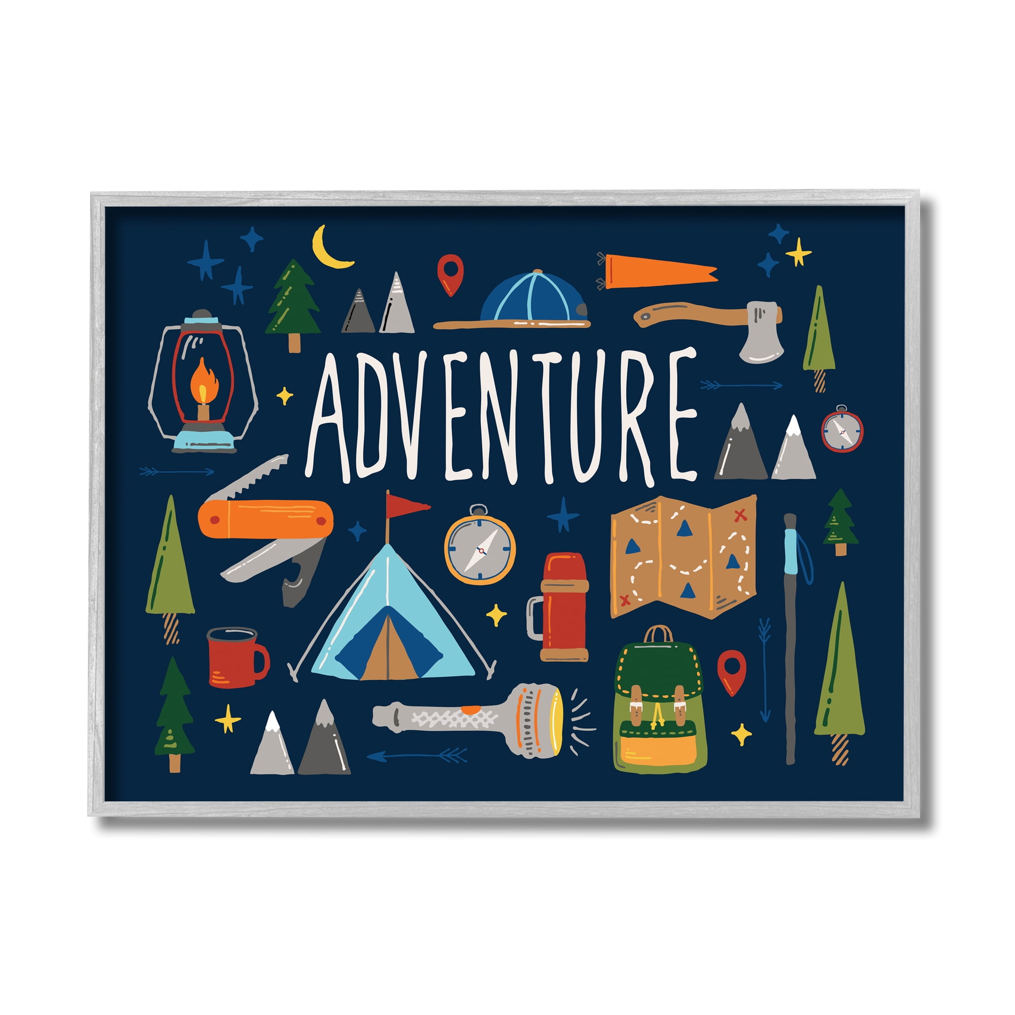 Stupell Industries Adventure Sentiment Outdoor Camping Necessities Typography Painting Gray Framed Art Print Wall Art, 11 x 14