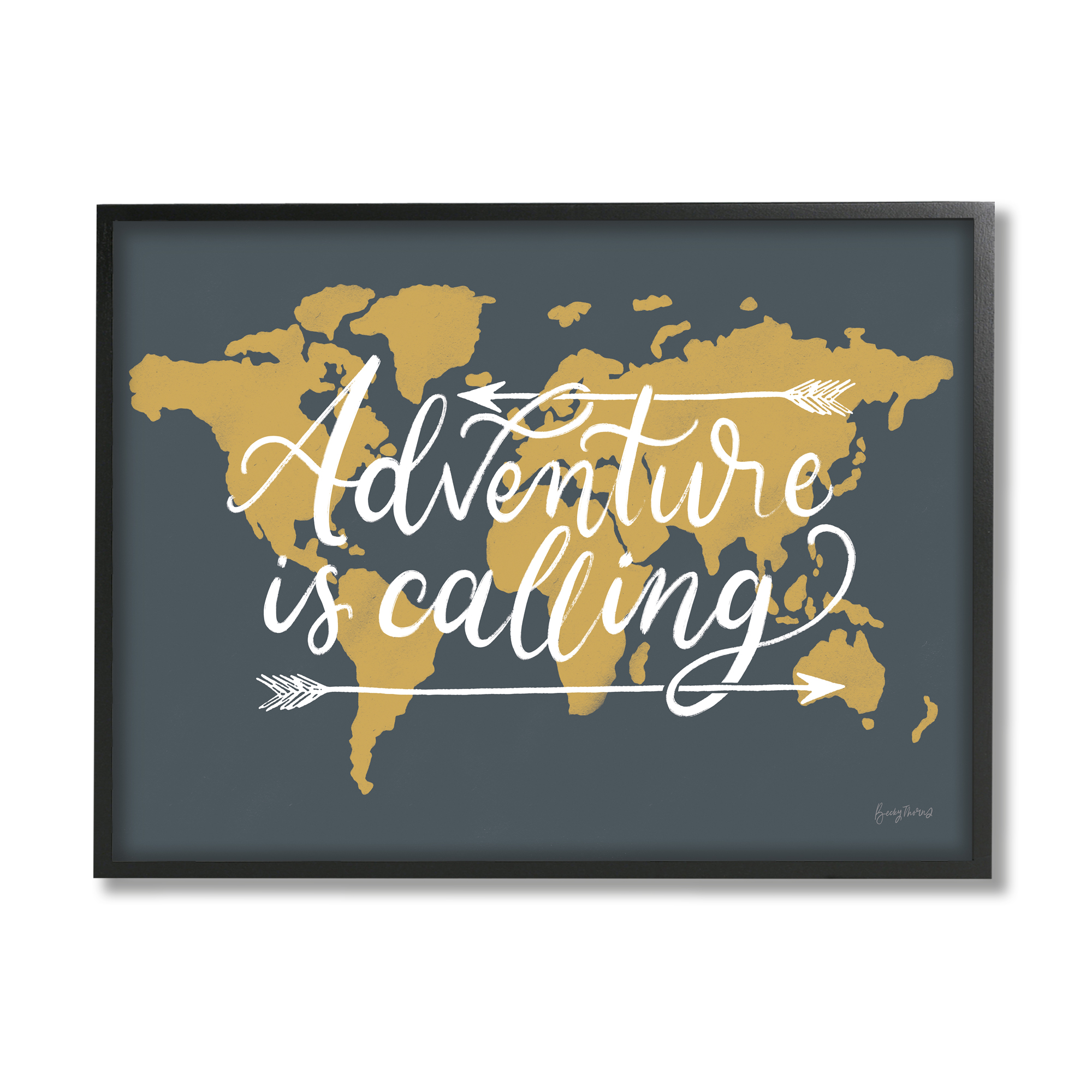 Stupell Industries Adventure is Calling Phrase Arrows over World Map Inspirational Painting Black Framed Art Print Wall Art, 11 x 14