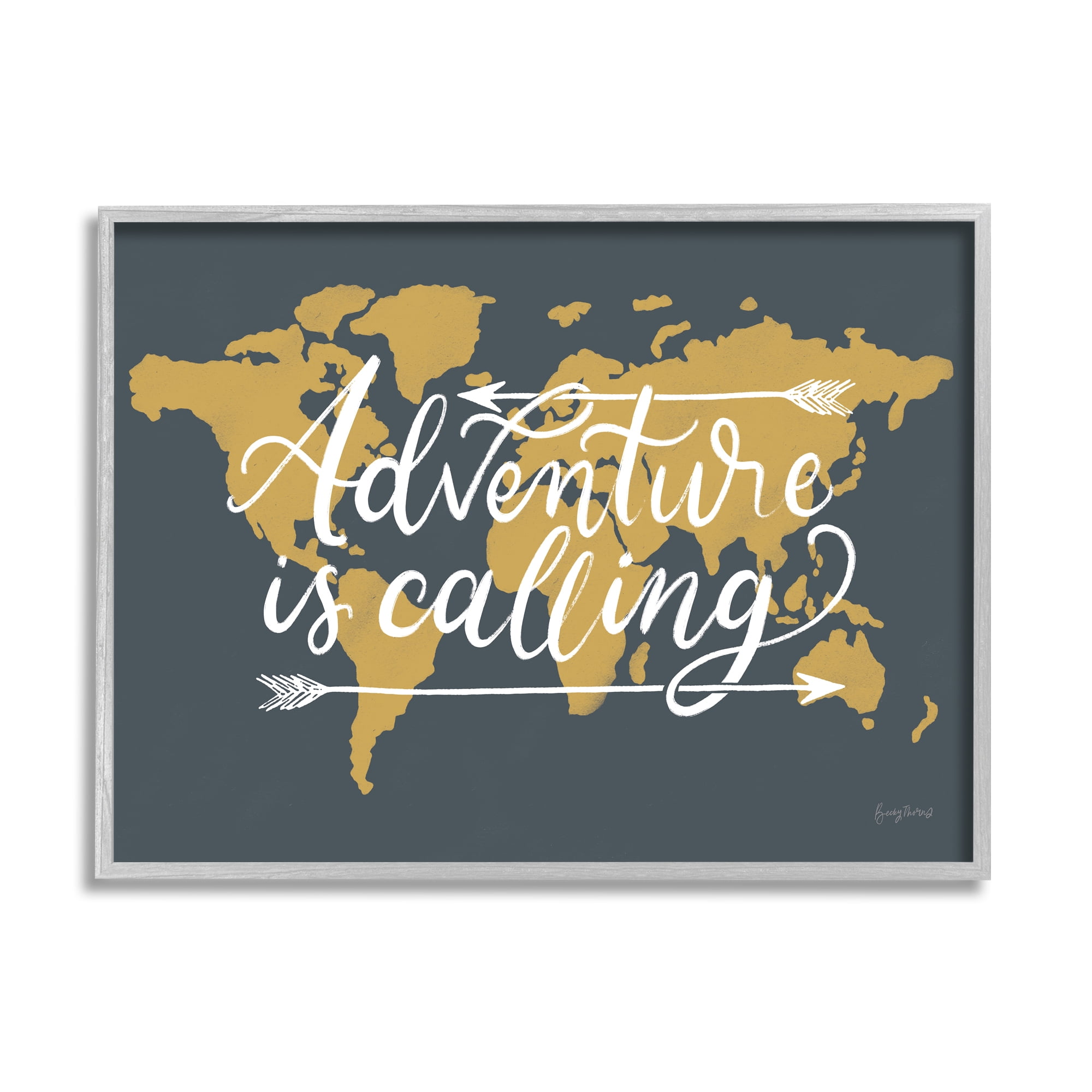 Stupell Industries Adventure is Calling Phrase Arrows over World Map Inspirational Painting Gray Framed Art Print Wall Art, 24 x 30