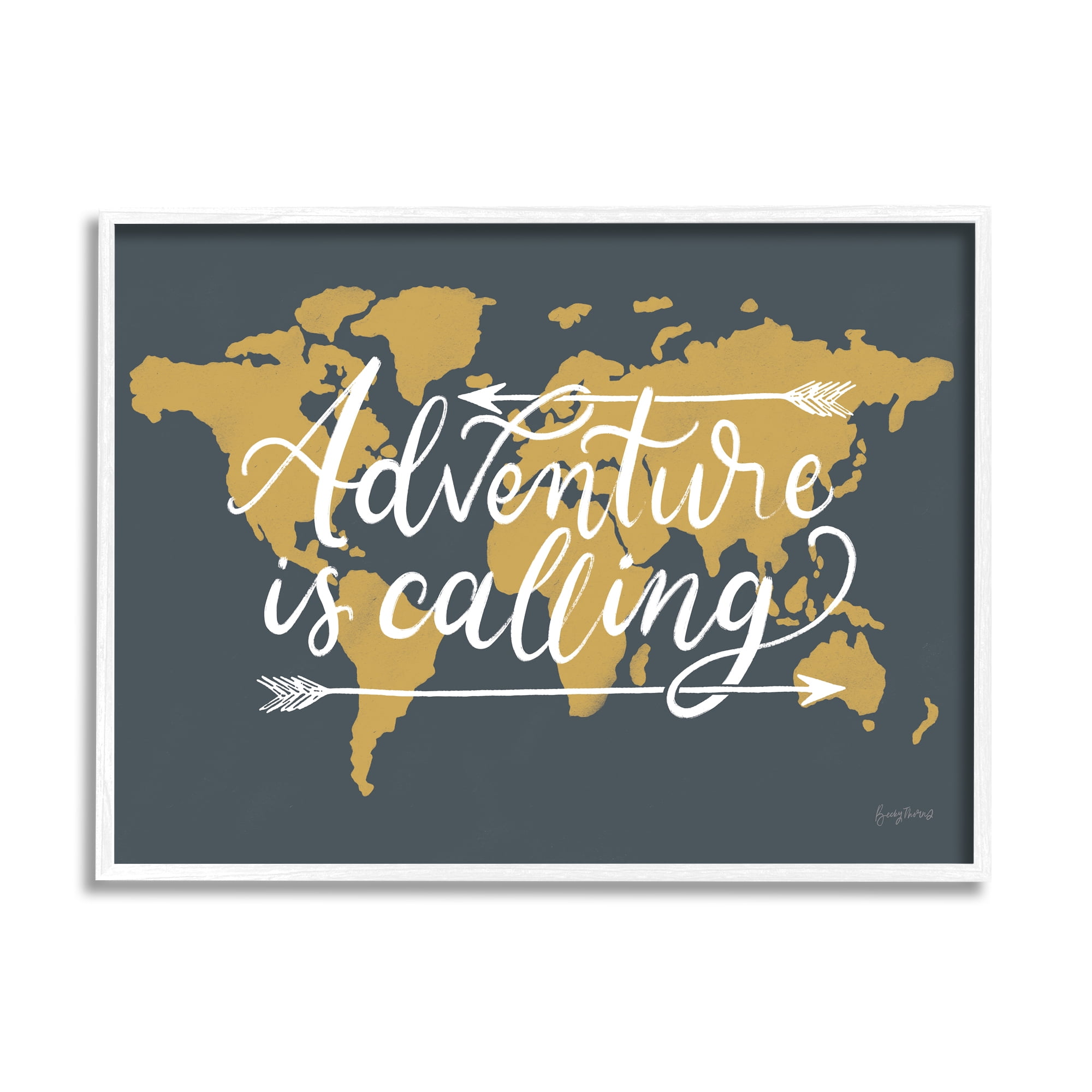 Stupell Industries Adventure is Calling Phrase Arrows over World Map Inspirational Painting White Framed Art Print Wall Art, 11 x 14