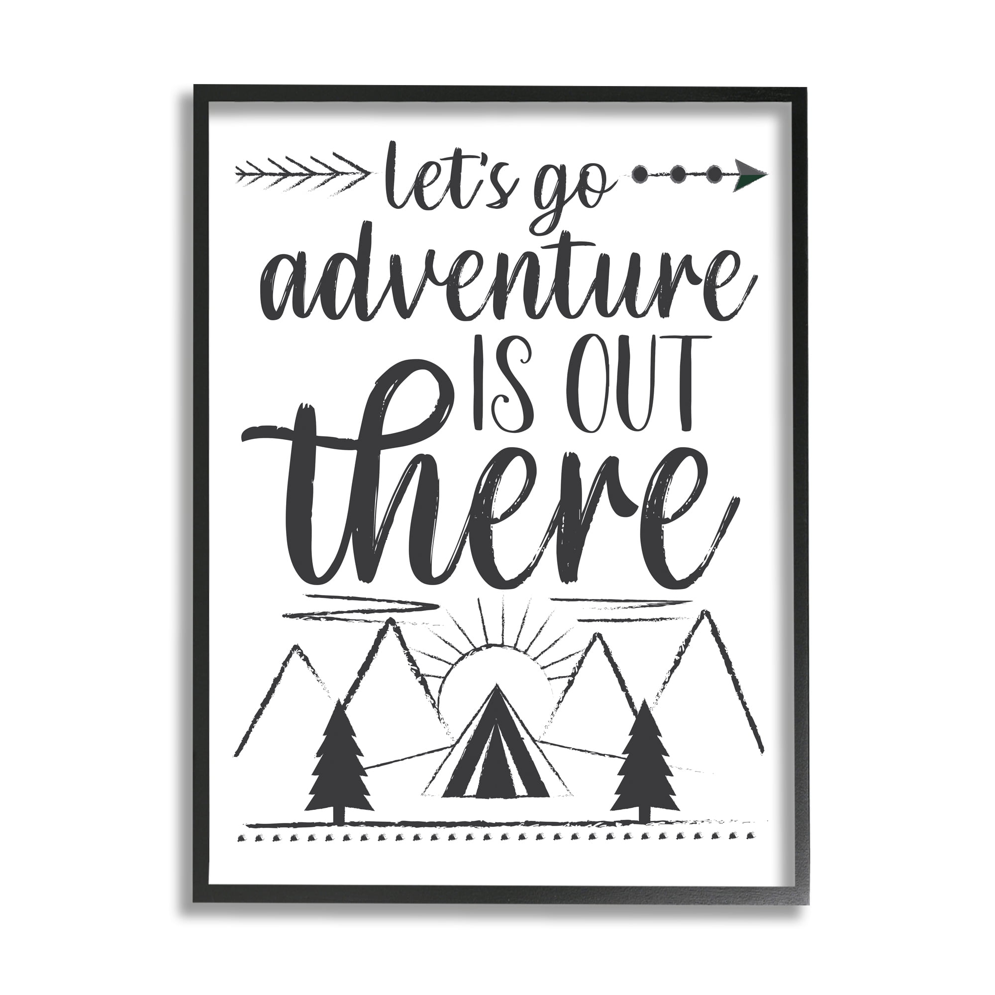 Stupell Industries Adventure's Out There Phrase Camping Tent Mountain Range Inspirational Painting Black Framed Art Print Wall Art, 11 x 14