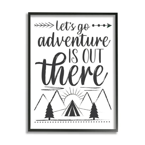 Stupell Industries Adventure's Out There Phrase Camping Tent Mountain Range Inspirational Painting Black Framed Art Print Wall Art, 11 x 14