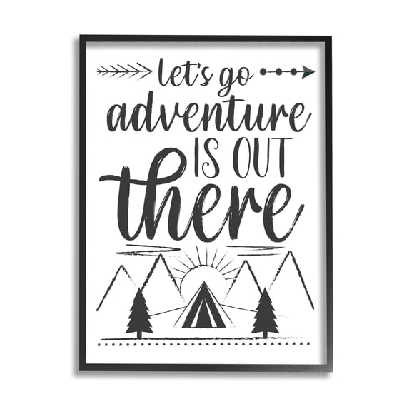 Stupell Industries Adventure's Out There Phrase Camping Tent Mountain Range Inspirational Painting Black Framed Art Print Wall Art, 24 x 30