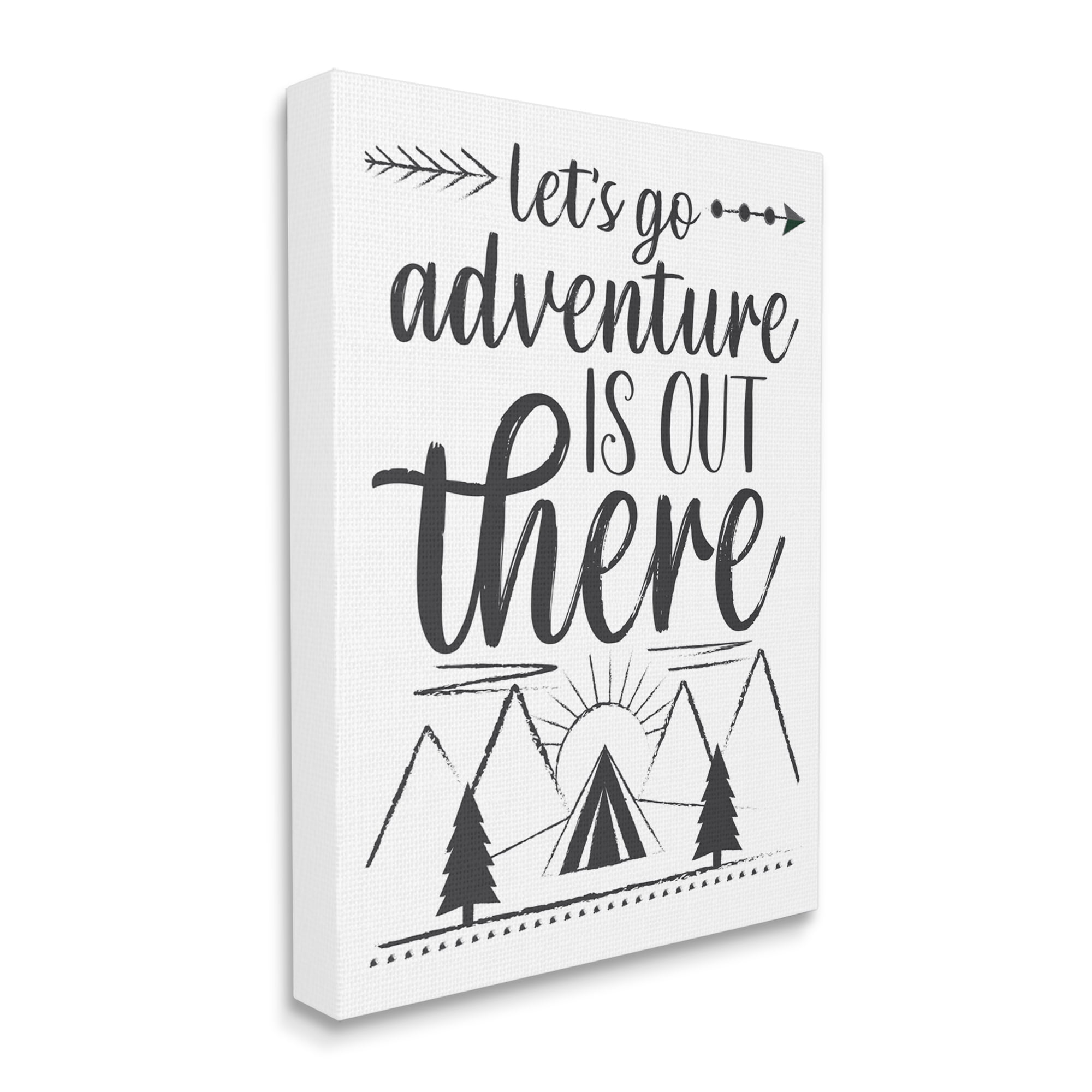 Stupell Industries Adventure's Out There Phrase Camping Tent Mountain Range Inspirational Painting Gallery Wrapped Canvas Art Print Wall Art, 24 x 30
