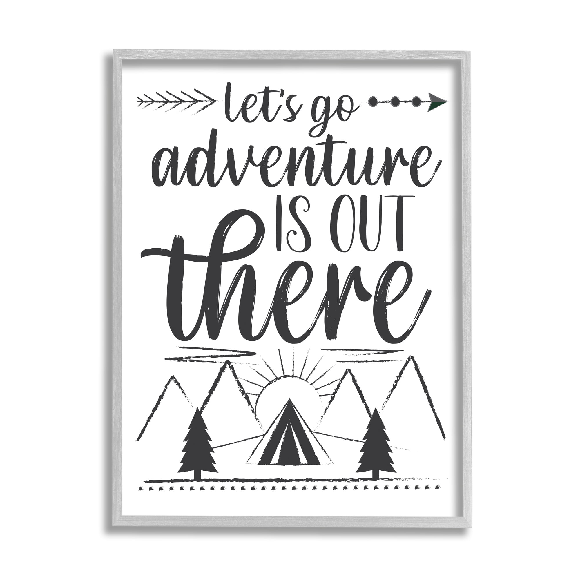 Stupell Industries Adventure's Out There Phrase Camping Tent Mountain Range Inspirational Painting Gray Framed Art Print Wall Art, 16 x 20