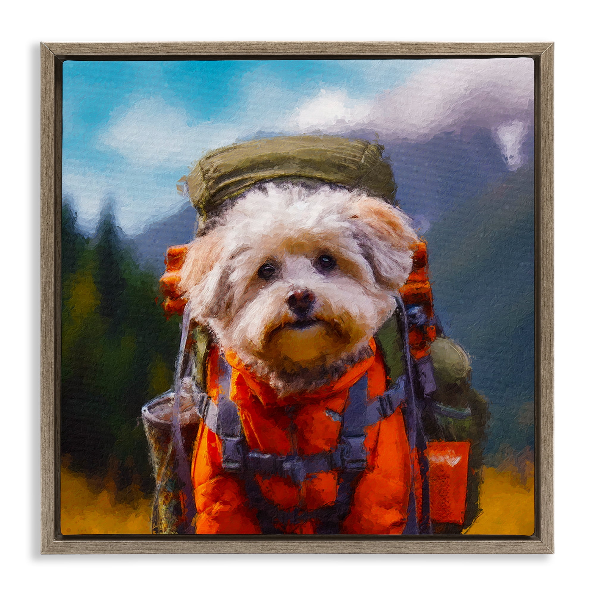 Stupell Industries Adventuring Hiker Dog Brown Framed Floater Canvas Wall Art, design by Sean Parnell