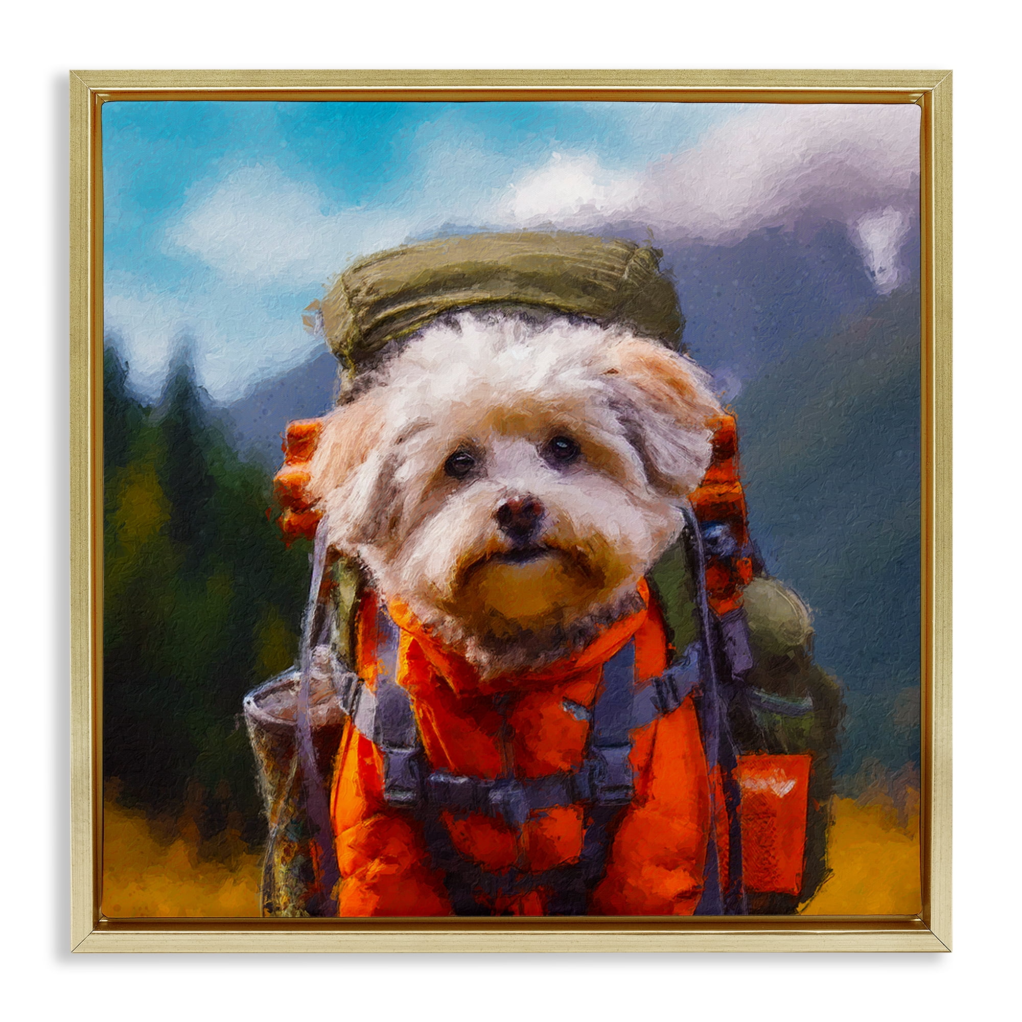 Stupell Industries Adventuring Hiker Dog Gold Framed Floater Canvas Wall Art, design by Sean Parnell