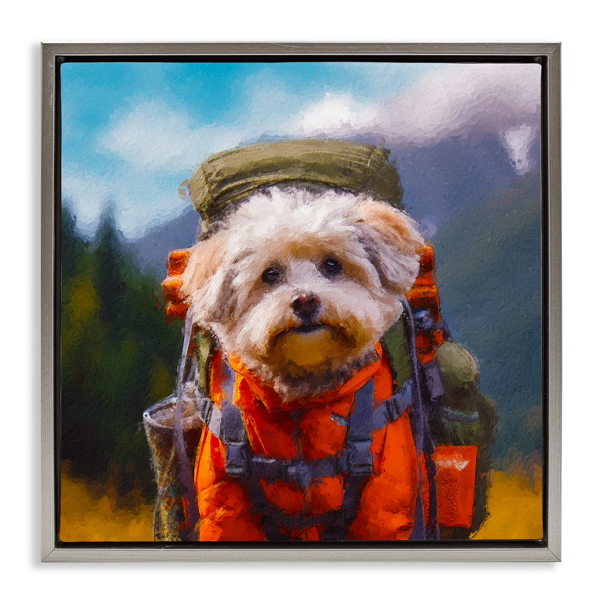 Stupell Industries Adventuring Hiker Dog Gray Framed Floater Canvas Wall Art, design by Sean Parnell