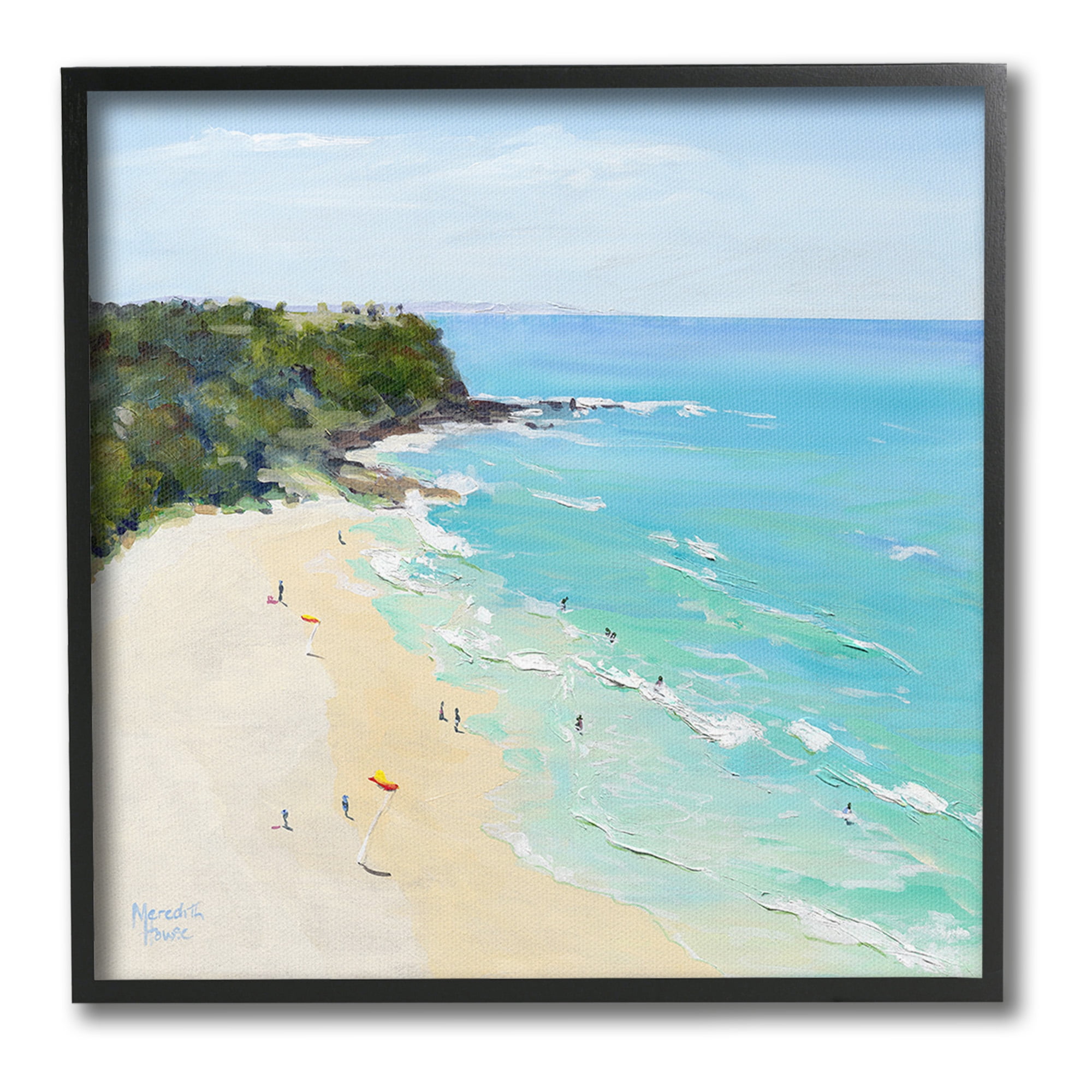Stupell Industries Aerial Beachgoers Painting Landscape Painting Black Framed Art Print Wall Art, 24 x 24