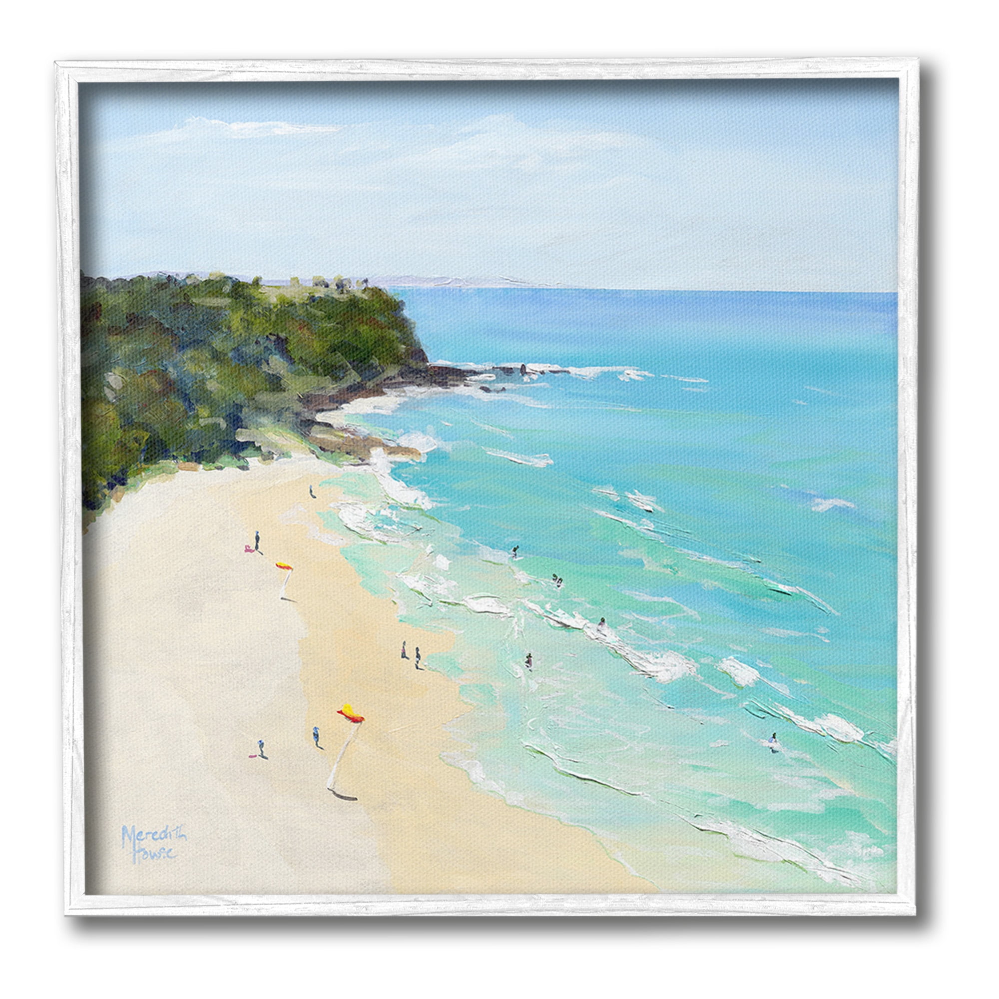 Stupell Industries Aerial Beachgoers Painting Landscape Painting White Framed Art Print Wall Art, 17 x 17