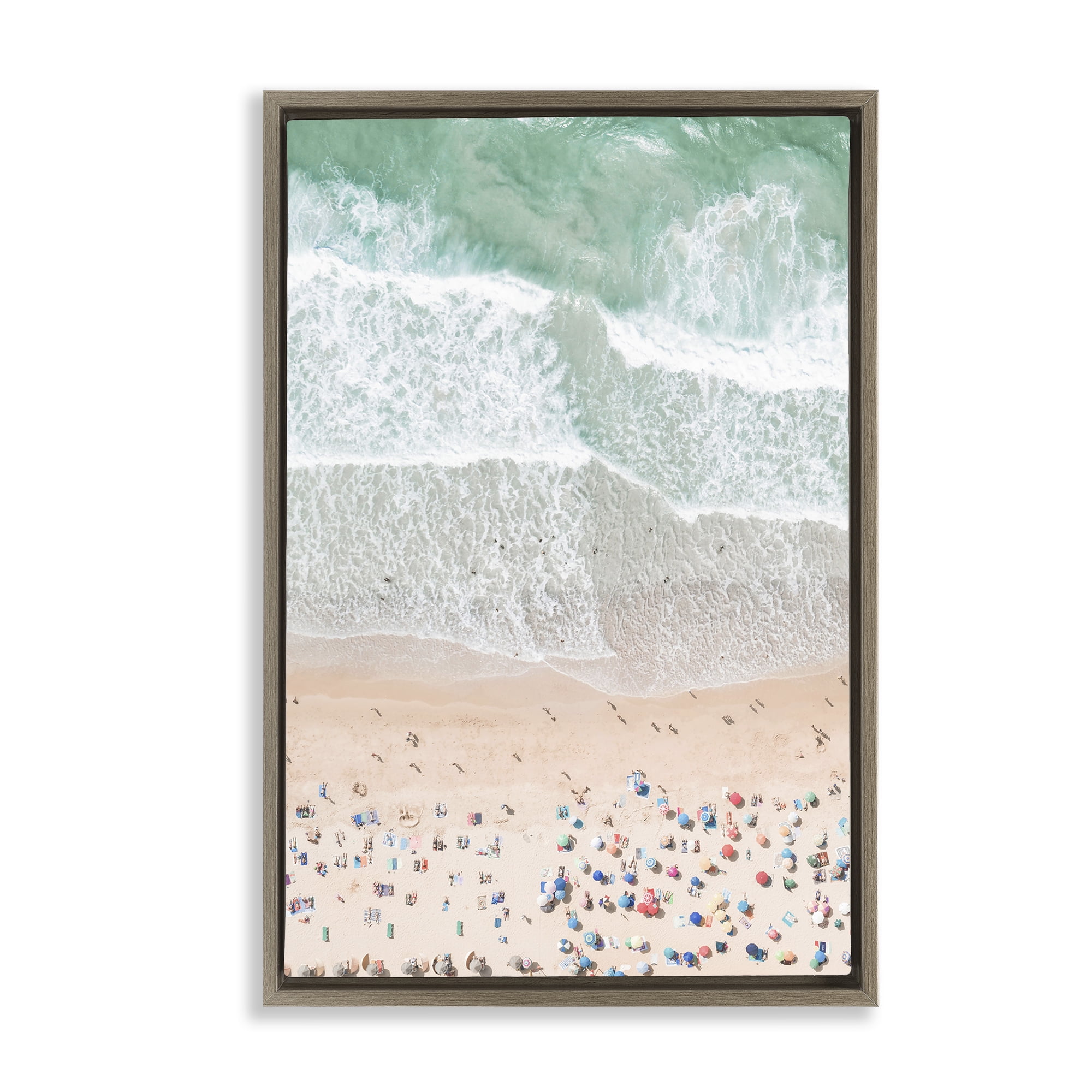 Stupell Industries Aerial Beachgoers View Nautical & Beach Painting Brown Floater Framed Canvas Art Print Wall Art, 17 x 25