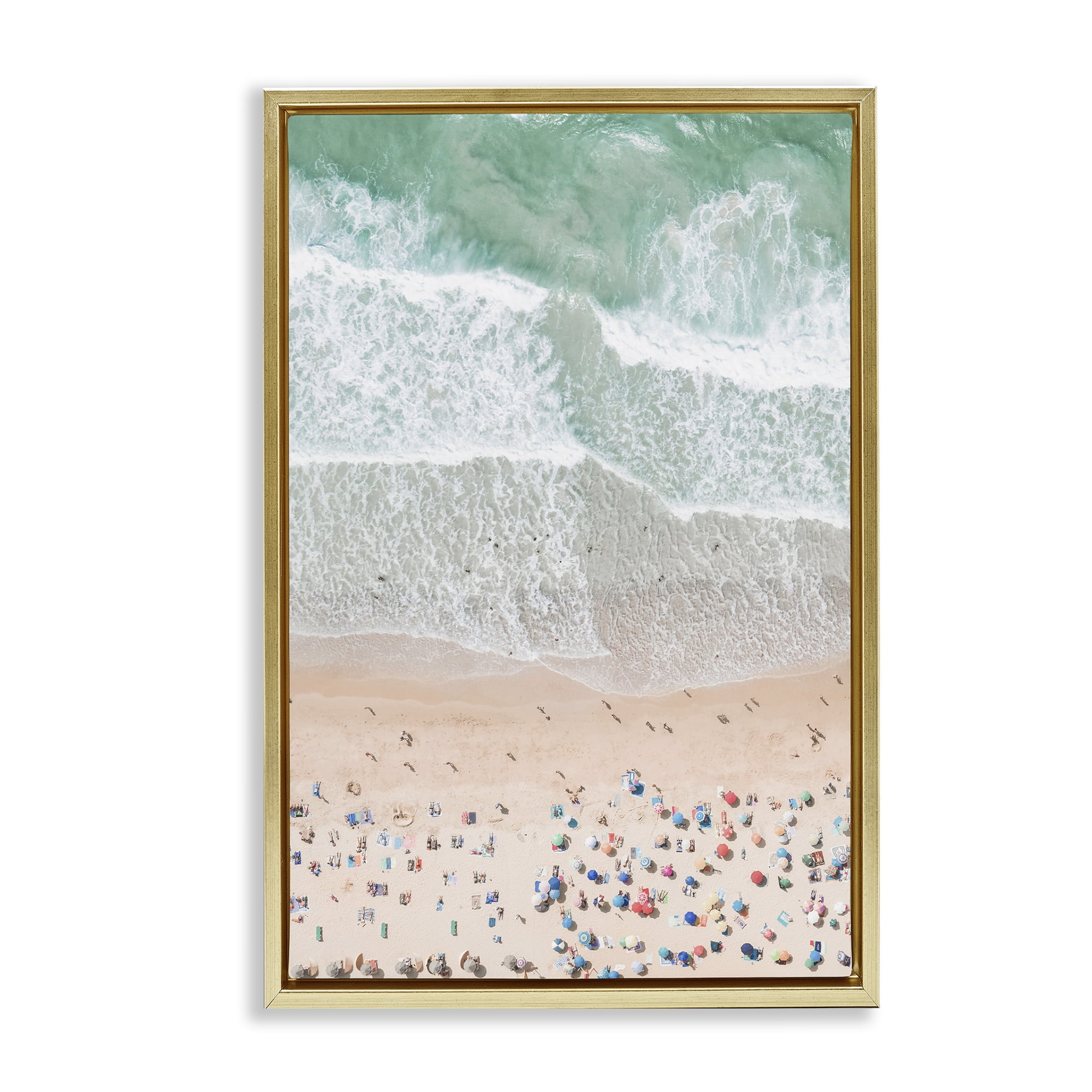 Stupell Industries Aerial Beachgoers View Nautical & Beach Painting Gold Floater Framed Canvas Art Print Wall Art, 21 x 31
