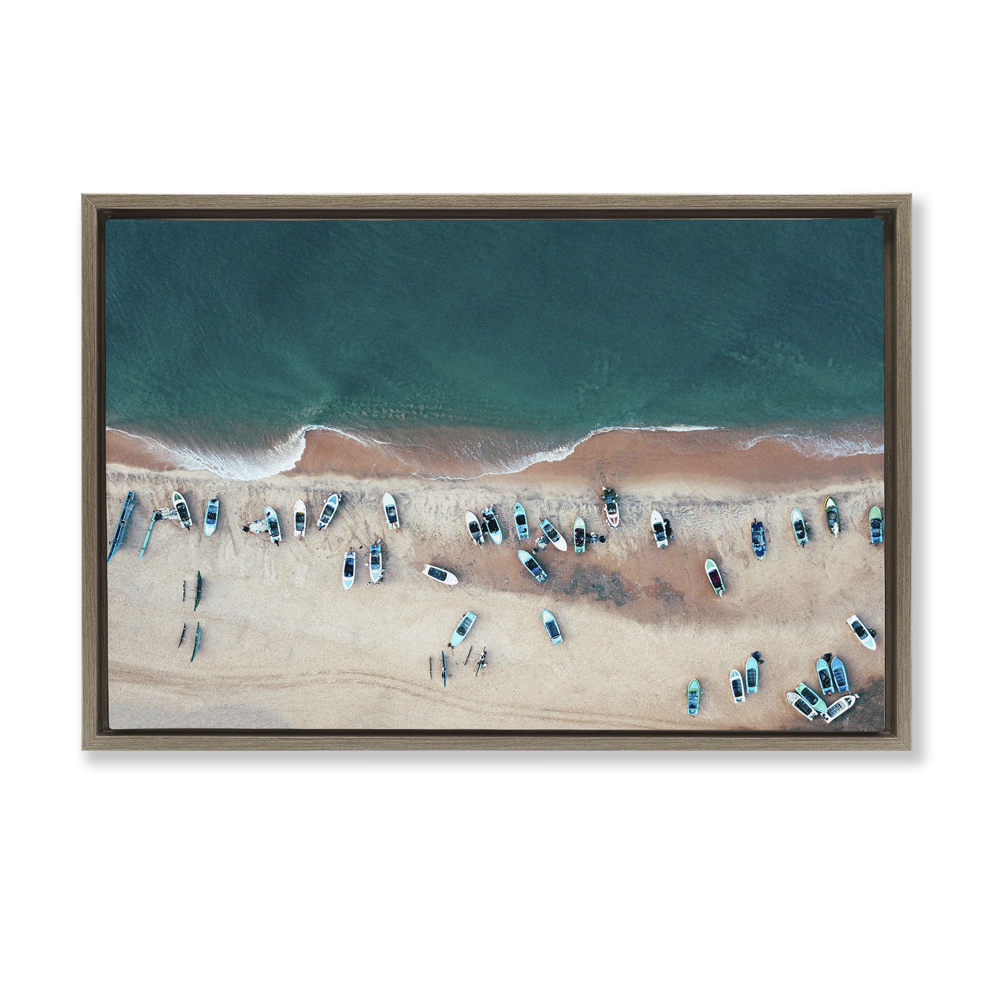 Stupell Industries Aerial Boats on Shore Nautical & Beach Photography Brown Floater Framed Canvas Art Print Wall Art, 31 x 21