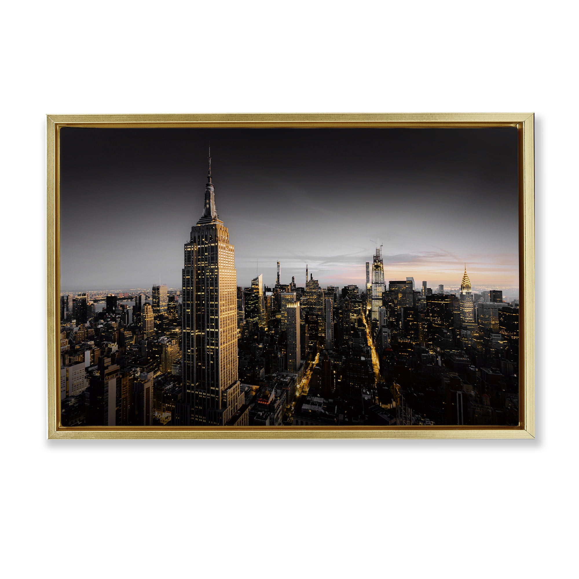 Stupell Industries Aerial City Horizon Scenic & Cityscapes Photography Gold Floater Framed Canvas Art Print Wall Art, 25 x 17